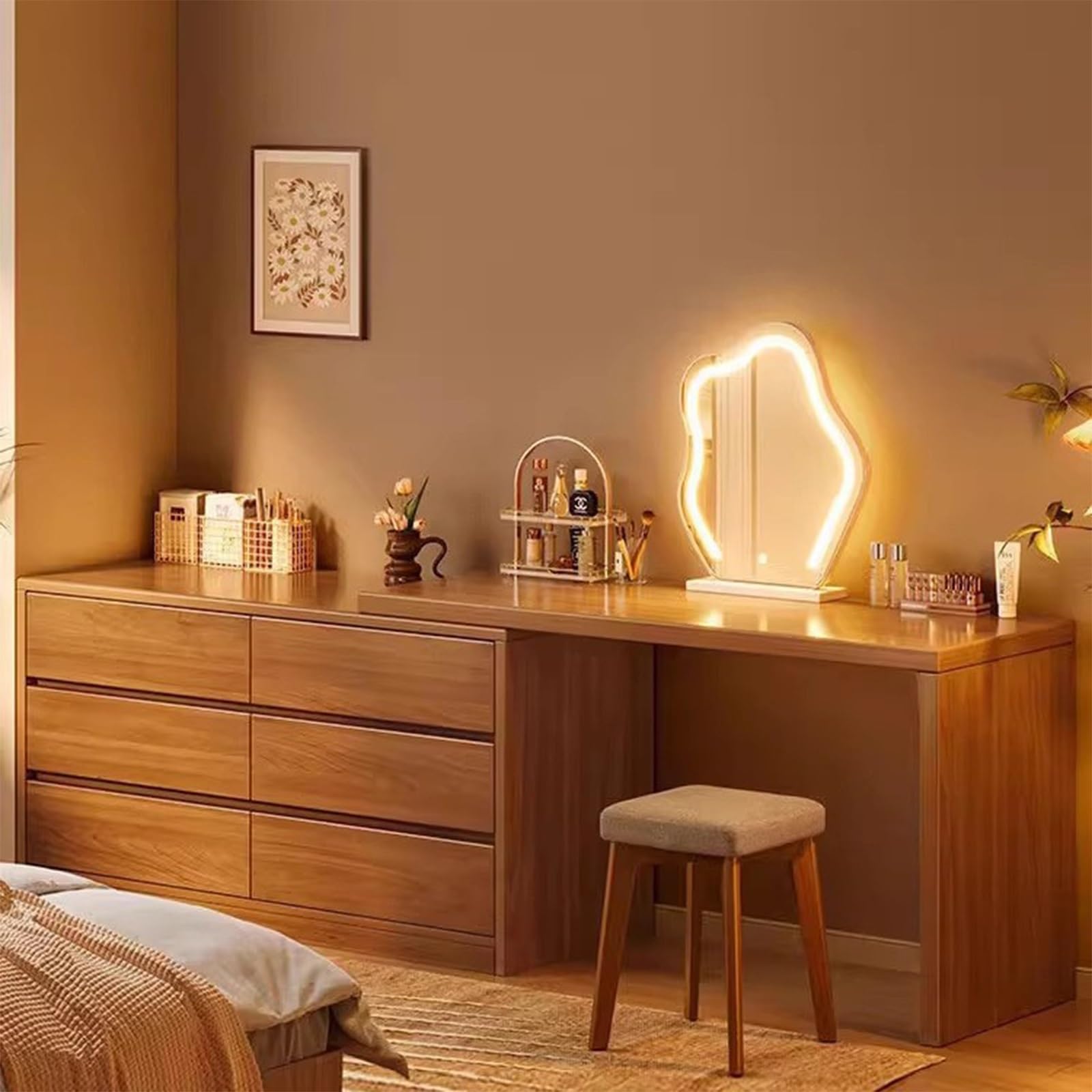 asdchZen 120Cm Walnut Vanity Table-Minimalist 6-Drawer Makeup Desk With Tri-Color Cloud Mirror For Bedroom & Dressing Room Stylish Storage Solution