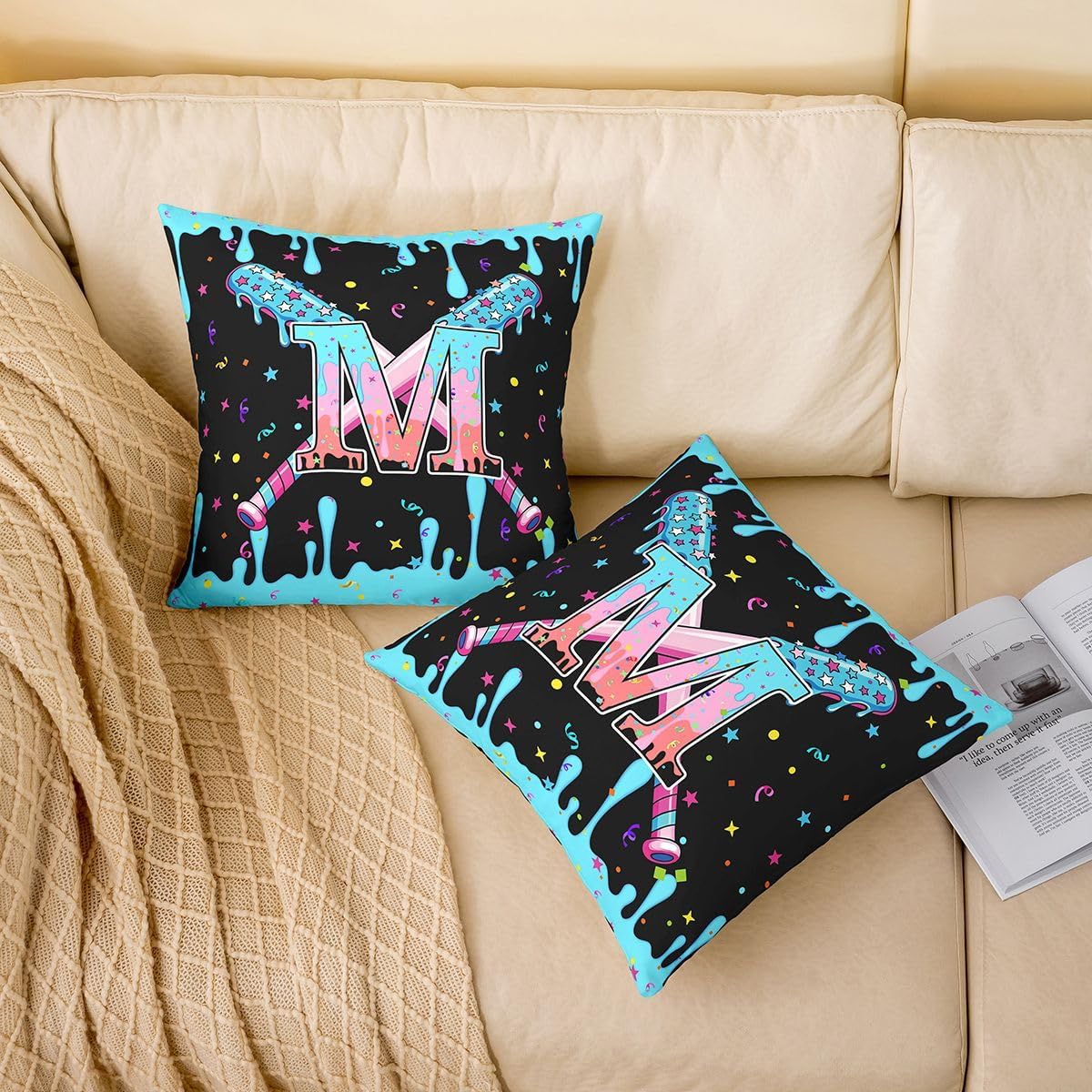 jejeloiu 16 x 16-Inch Set of 4 Baseball Decor Pillowcase Boys Girls Baseball Gaming Throw Pillow Covers for Kids Ultra Personalized Initial Letter M Cushion Case Sports Theme Room Decor Microfiber image 2