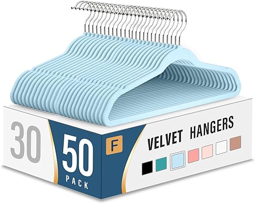 Miniatura 8 de Perchas de terciopelo para ropa (paquete de 50) resistentes y duraderas para trajes, perchas de colores vibrantes, perchas ligeras que ahorran