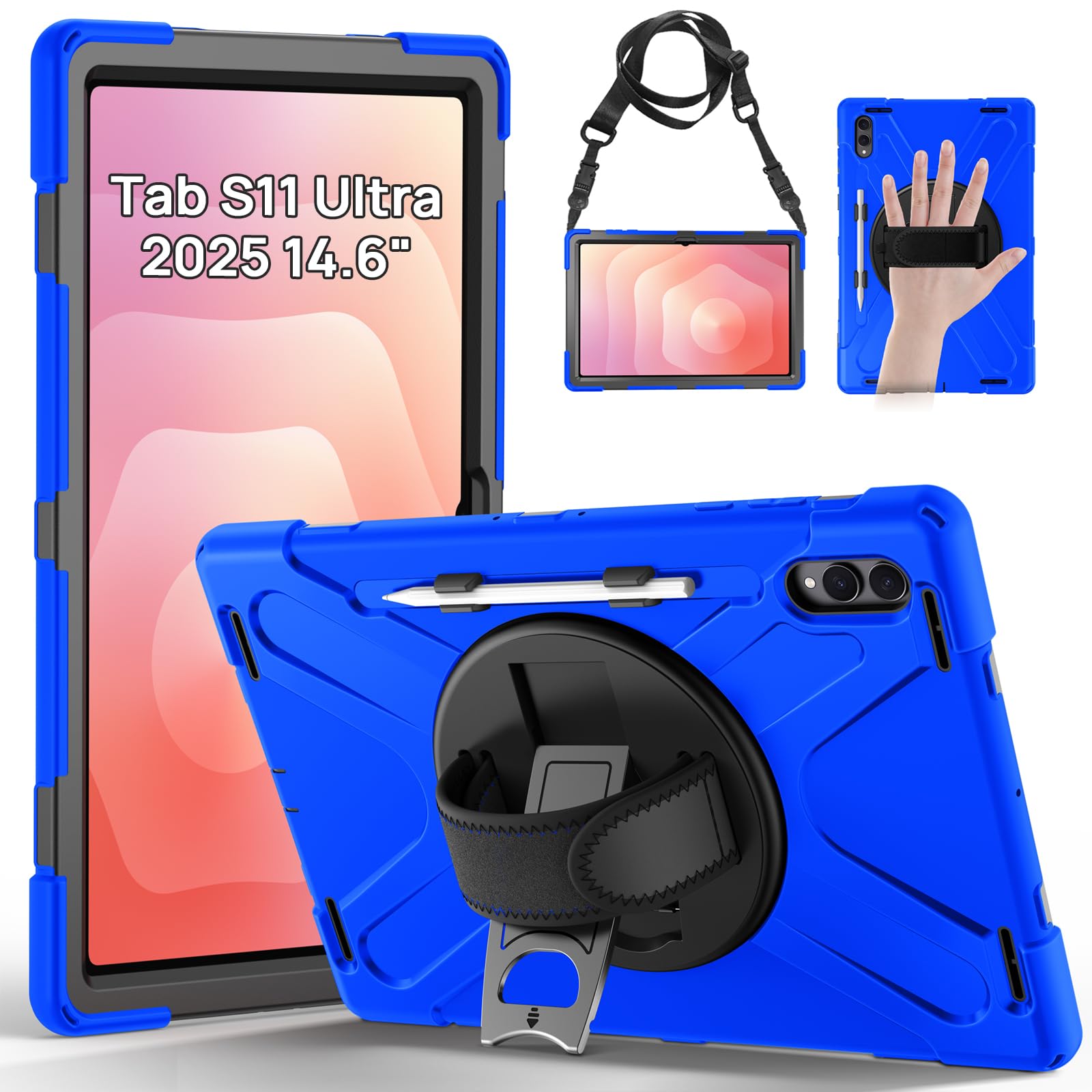 Gerutek Hülle für Samsung Galaxy Tab S11 Ultra 14,6 Zoll 2025, Stoßfeste Robust für Galaxy Tab S11 Ultra Hülle mit 360° Drehbar Stände/Handschlaufe Schultergurt, Case für Samsung Tab S11 Ultra, Blau