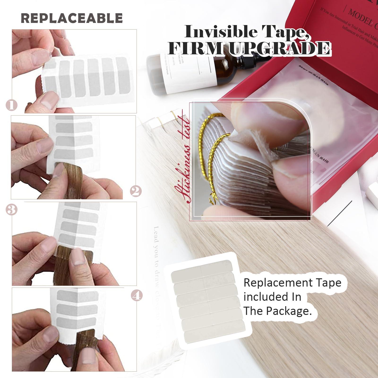 Moresoo Tape in Hair Extensions Human Hair White Blonde Real Hair Extensions Tape in Invisible 14 Inch for Women Thin Hair Adding Volume Silky Straight 20 Pieces/40g #60A - Image 4