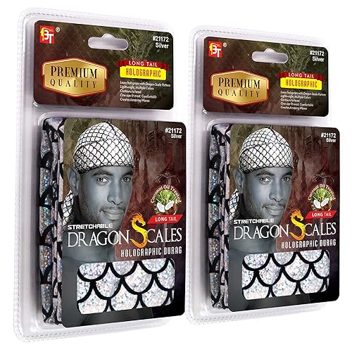 Durag Patrón de escamas de dragón de cola larga holográfica 360540720 Onda de tela suave tratada con aceite de coco para hombres y mujeres (plata