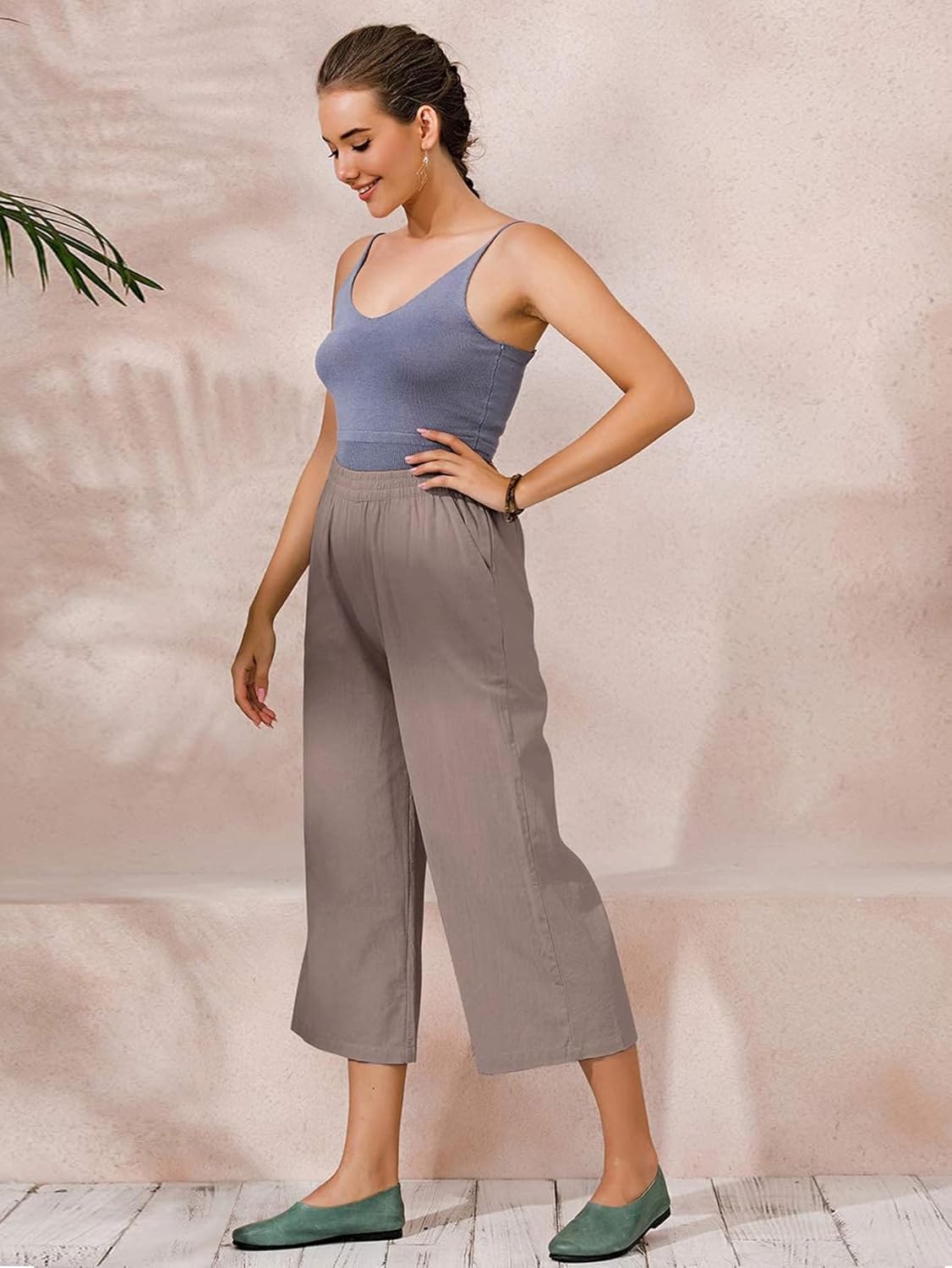 Womens Cotton Cropped Pants Loose Fit Wide Leg Capri Casual Plus Size Elastic Waist Trousers - Image 4