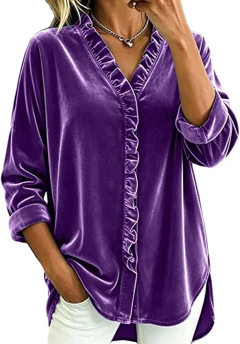 Velvet Cardigan for Women Long Sleeve Button Shirts for Women Pullover Ruffle Ba