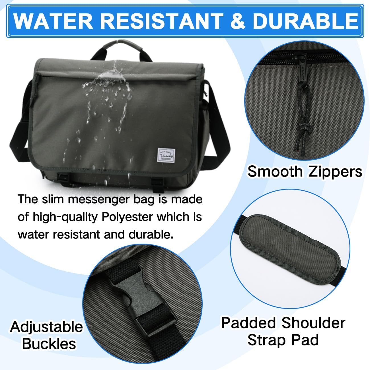 VASCHY Messenger Bag for Men,Water Resistant Casual Satchel Briefcase Fashion Laptop Work Bag Crossbody Shoulder Handbag for Women College Campus Gray