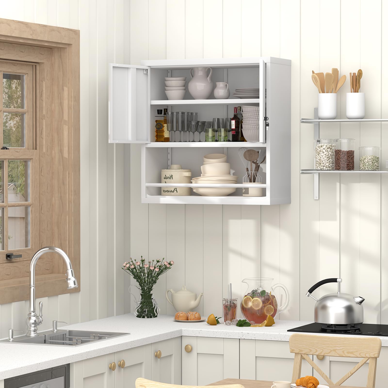HAINEW HD26032306 - Armadio pensile in metallo con 2 ante con serratura, per garage, officina, cucina, 76 x 30,5 x 78 cm, colore: Bianco