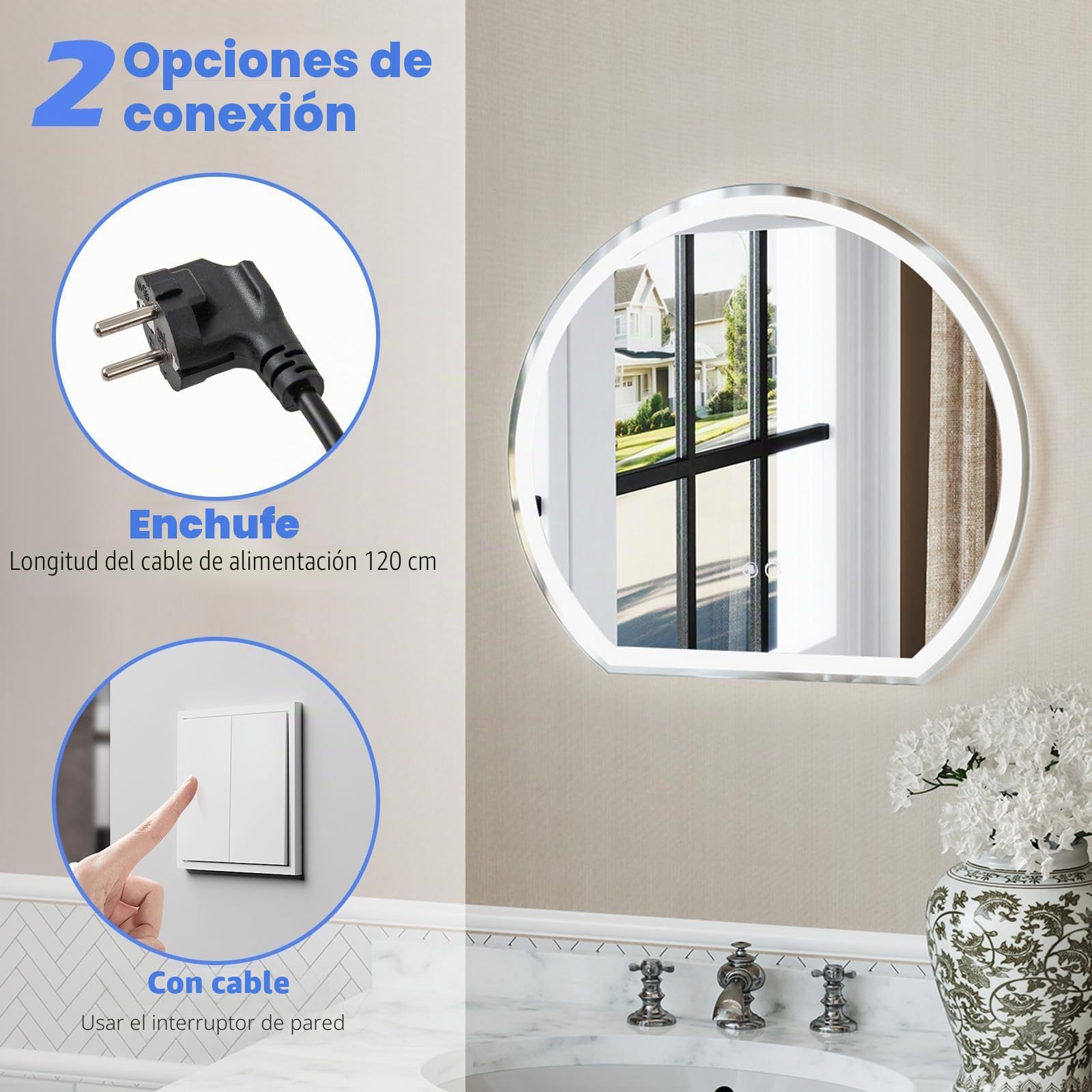 FANTASK Espejo de baño LED con iluminación, antivaho, Espejo de Pared Regulable con Interruptor táctil y función de Memoria, Espejo Colgante LED para baño, 60 x 54 cm, Color Plateado