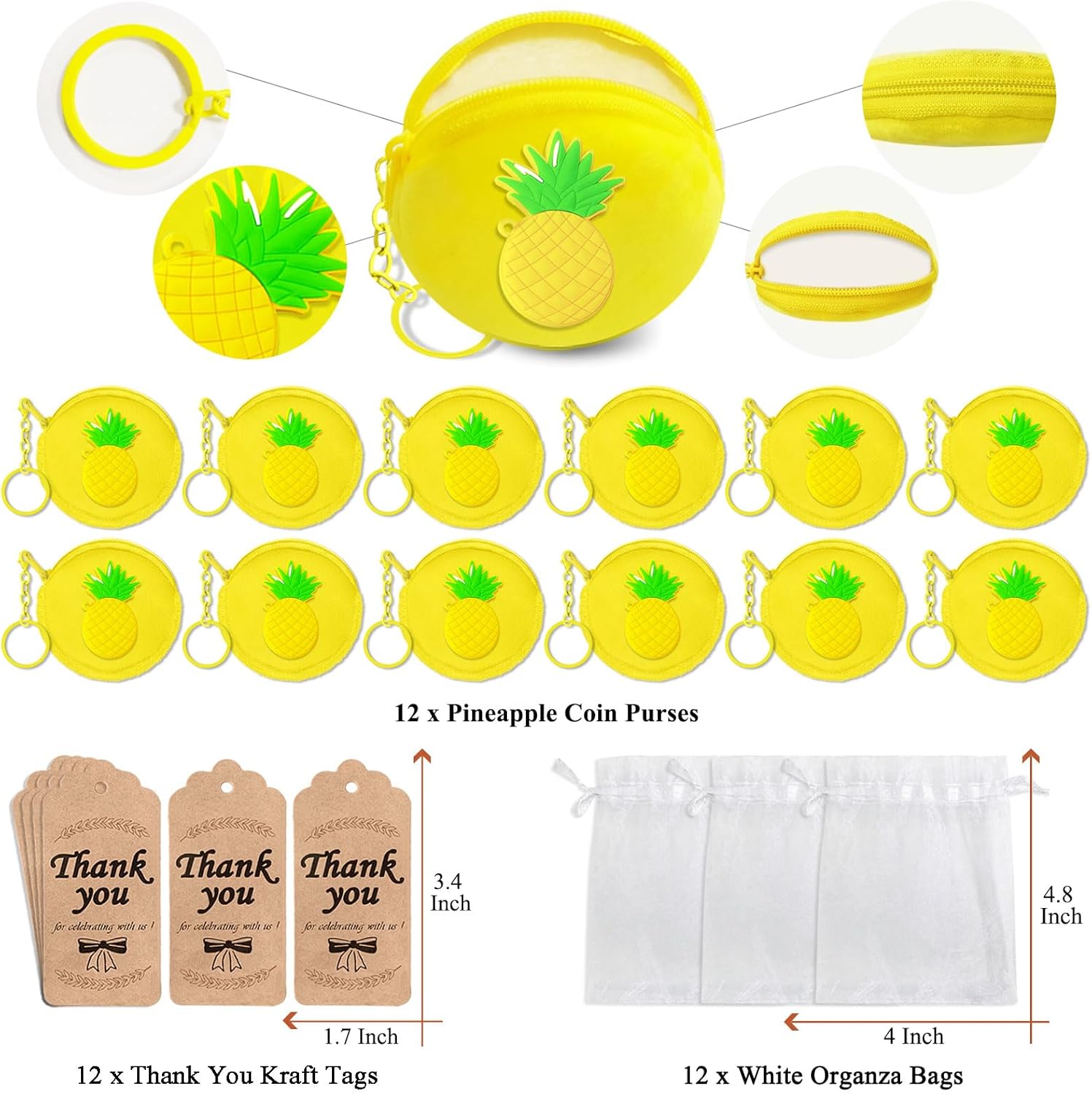 12 Pack Pineapple Coin Purse with Zipper Keychain,Wallet Bag Party Favors for Pineapple Birthday Party Decoration,Fruit Themed Baby Shower,School Carnival Rewards,Travel,Classroom Prize - Image 2