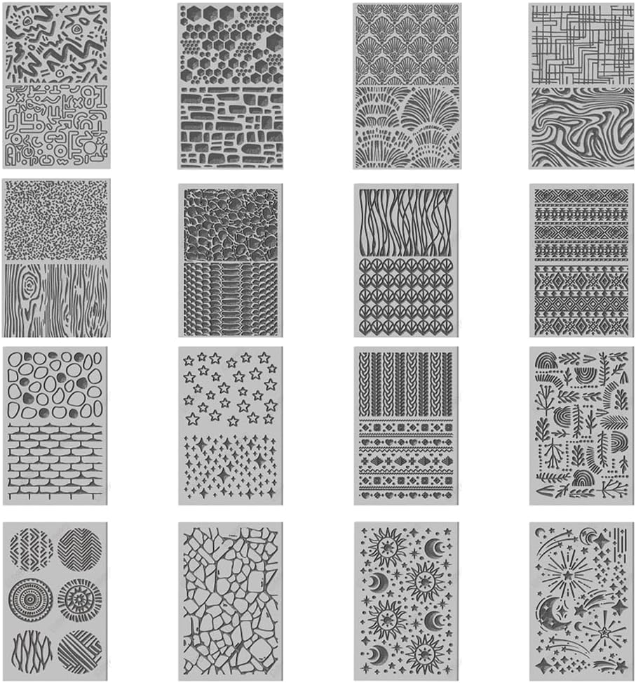 CHGCRAFT 16 Sheets 16 Styles Natural Knitted Texture Polymer Clay Texture Mat Sun Moon Stars Modeling Pattern Pad Bohemian Texture Sheets for Polymer Clay Making Earrings Jewerly Tools, 4×2.6 inch
