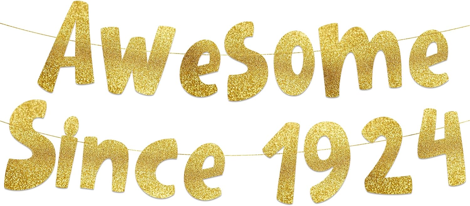 Pre-Strung Awesome Since 1924 Gold Glitter Banner - Funny 102nd Birthday Decorations for Men and Women - Birthday Party Supplies and Gifts