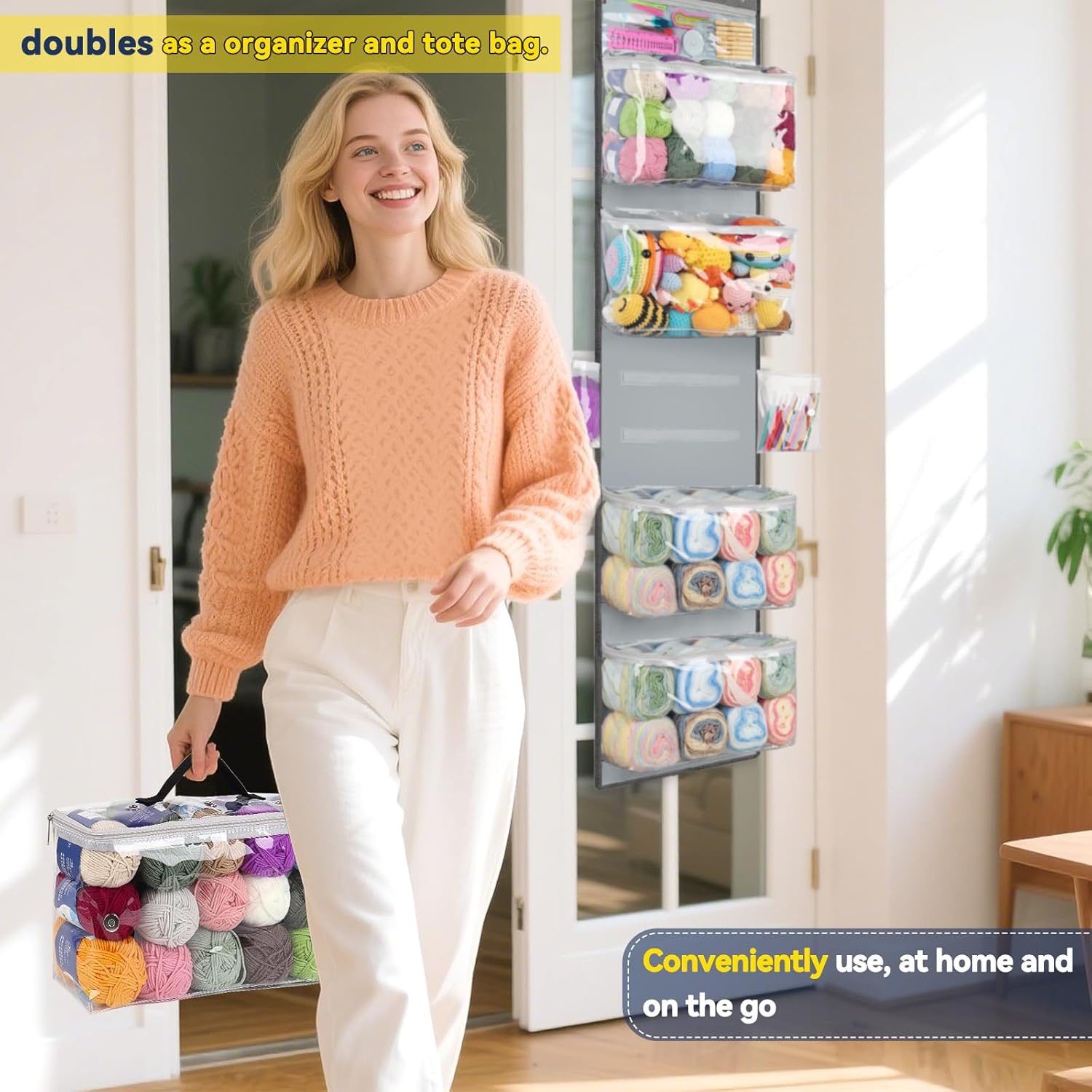 Katech Hanging Yarn Storage Organizer, Over The Door Storage w/Large Capacity Knitting Bag, Yarn Organizers with 6 Zipper Closure Compartments & Detachable Crochet Bag for Yarns Enthusiasts