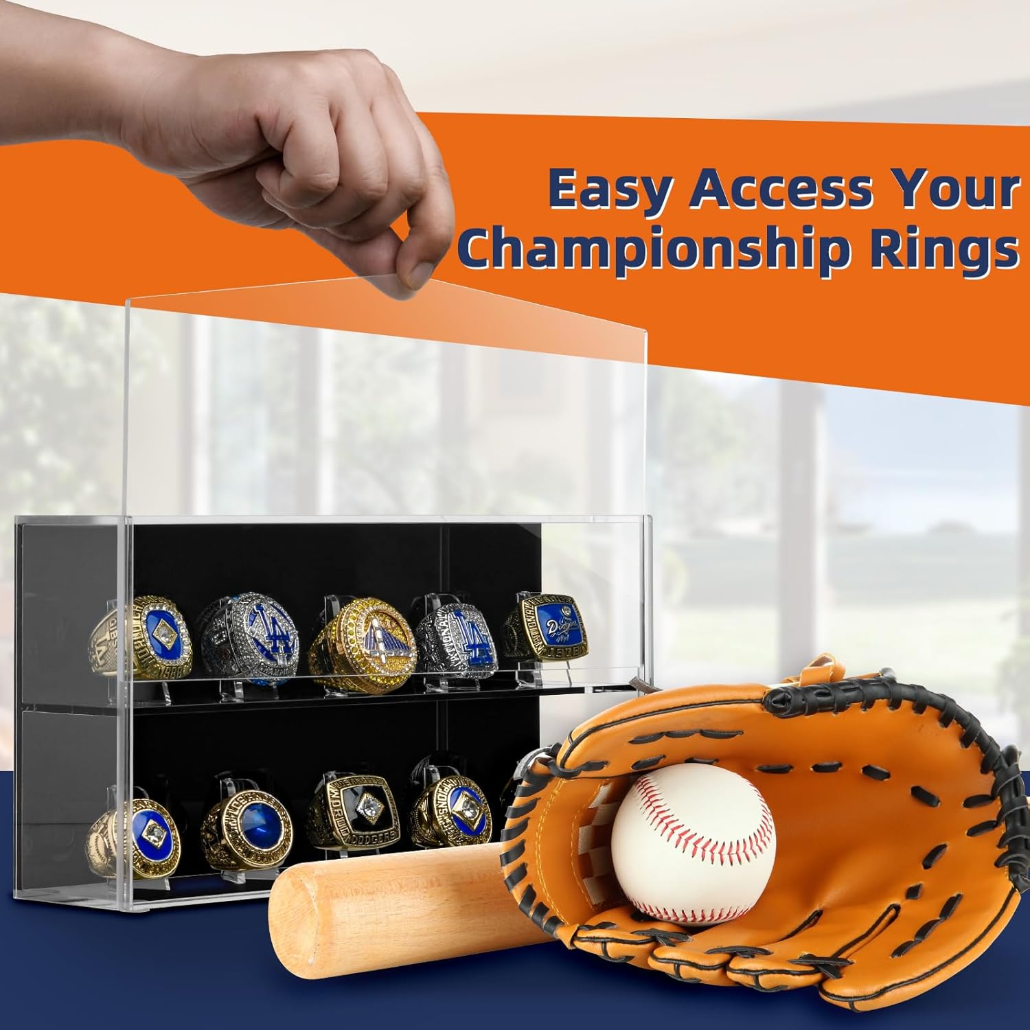 Championship Ring Display Case, 10 Ring Slots Baseball Ring Display Box Acrylic Baseball Ring Holder Wall Mount Shadow Box, Large Display Stand Case Organizer for Sports Ring Storage Display (Acrylic)