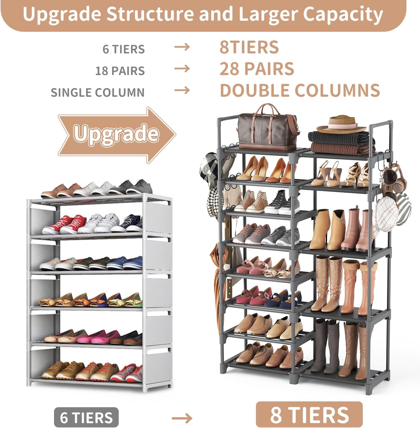 ROJASOP Shoe Rack, Shoe Storage Organizer for Closet Entryway Garage Bedroom, 8 Tier Tall Metal Shoe Shelf for 26-32 Pairs Boots & Shoes, Adjustable Shoe Stand for Small Space - Image 4