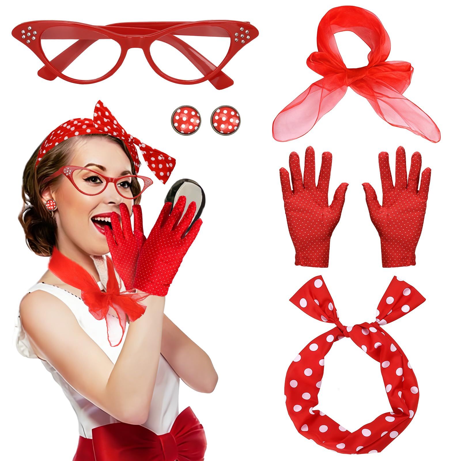 Aragallant Années 50 Costume Accessoires Set, 9 Pièces Années 50 Femmes Costume avec Jupe à Pois Echarpe Boucles D'oreilles Bandeau Lunettes Gants pour Déguisement Fête Party Carnaval (Rouge, L Aragallant Années 50 Costume Accessoires Set, 9 Pièces Années 50 Femmes Costume avec Jupe à Pois Echarpe Boucles D'oreilles Bandeau Lunettes Gants pour Déguisement Fête Party Carnaval (Rouge, L