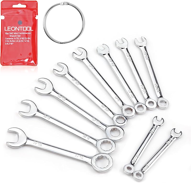 Kit de Chaves Combinadas Mini SAE LEONTOOL em Aço Carbono, 10 Peças de 5,56 a 11,11 mm com Argola – 7GD207