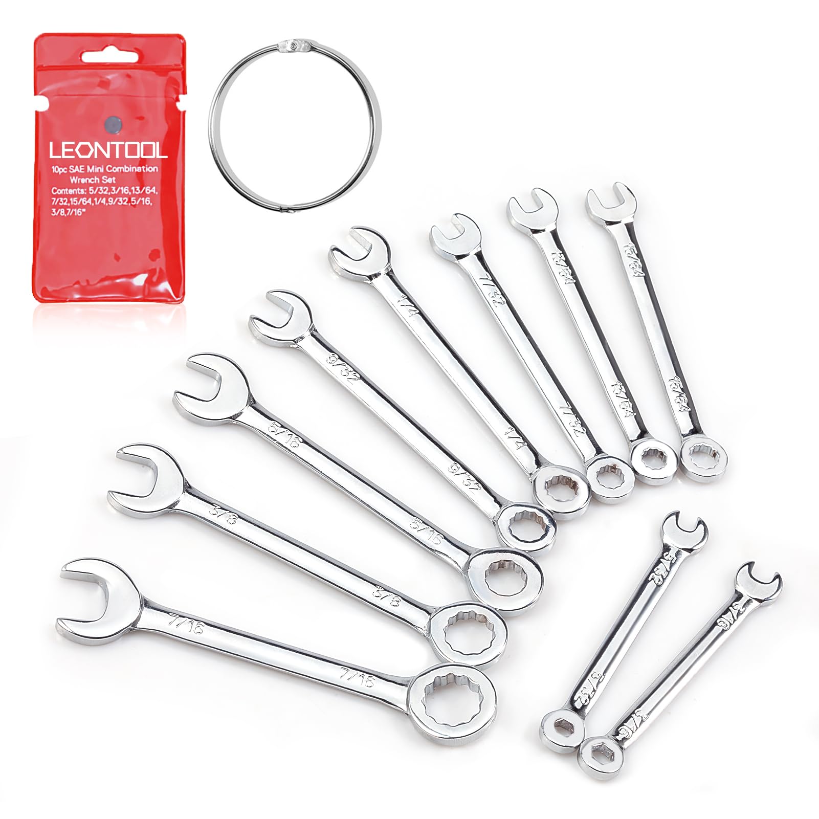 LEONTOOL Mini Wrench Set Sae 10 Pcs 5/32" To 7/16" Standard Combination Ignition Wrench Set Small Open End and Box End Spanner with Key Ring for
