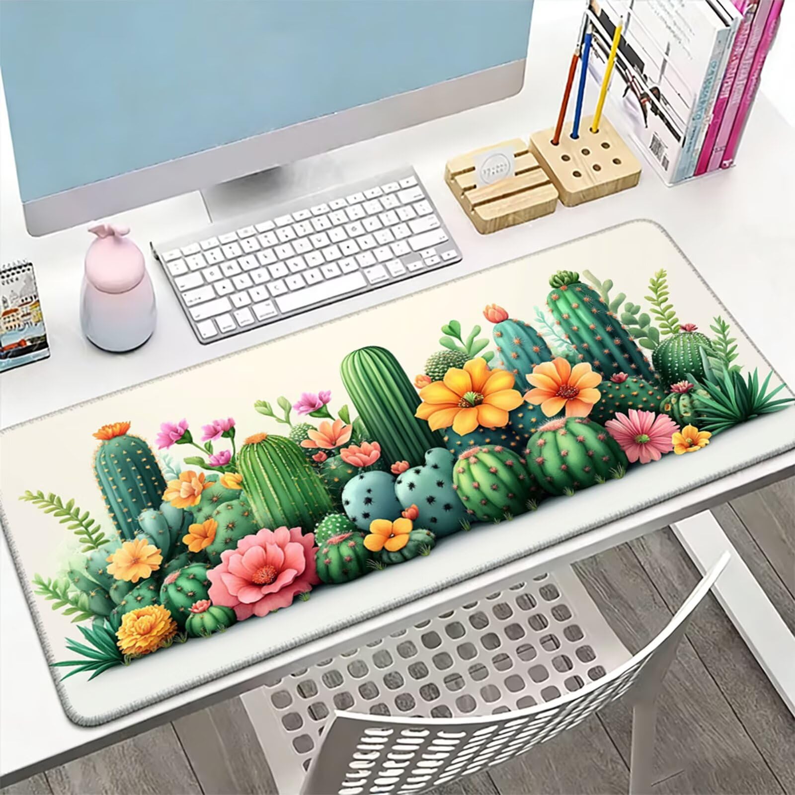 Podkładka pod mysz XXL 1500 x 800 x 3 MM, duża beżowa podkładka pod mysz z wodoodporną i antypoślizgową gumą kaktus pod ręką zszyte krawędzie, poprawia precyzję i szybkość dla gracza W-824