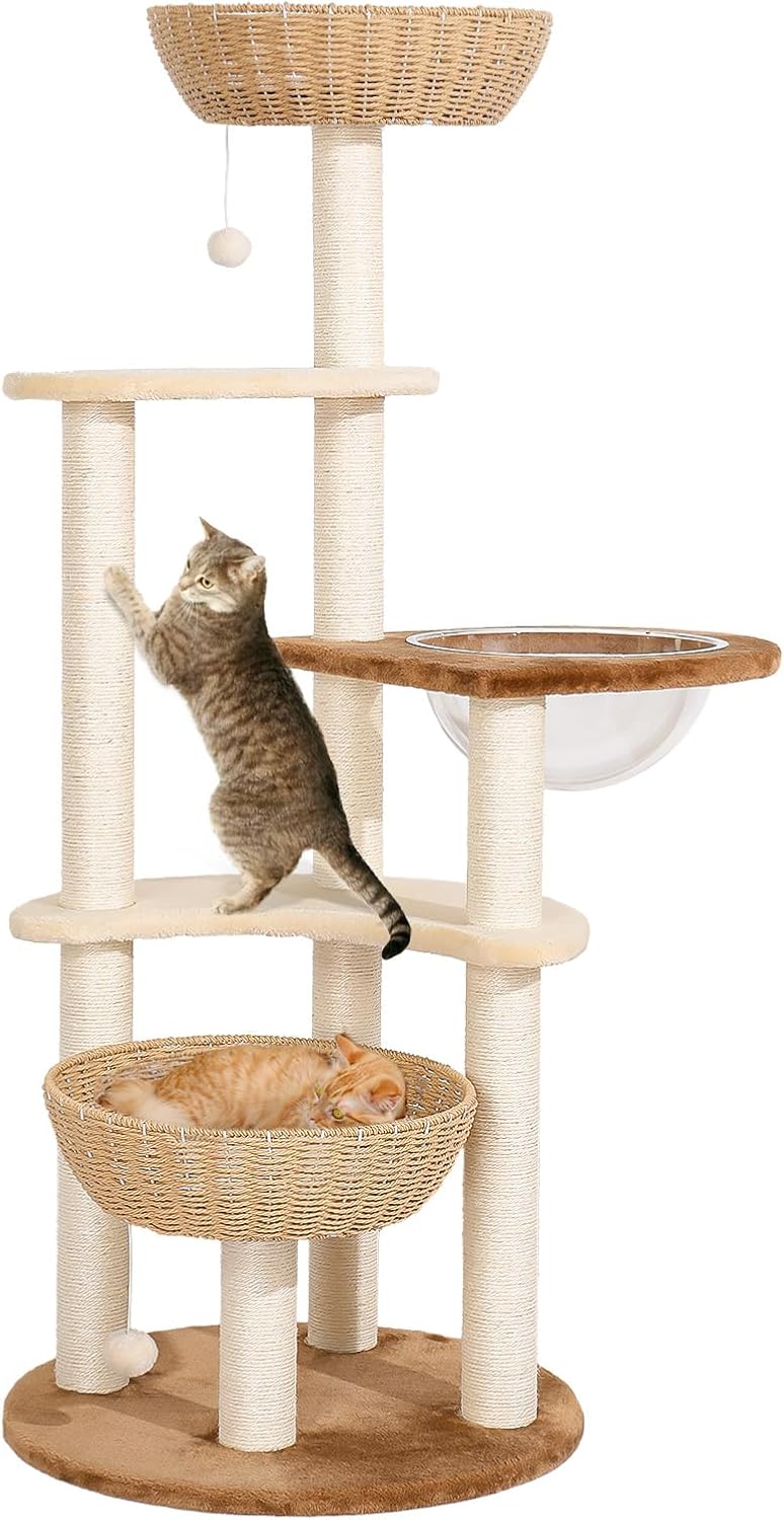 Lucky Monet Modern Cat Tower for Large Cats 25Ibs, 55 Inch Boho Tree With 2 Handwoven Basket Beds & Space Capsule, Unique Rattan Wicker Adult Tower for Multiple Cats