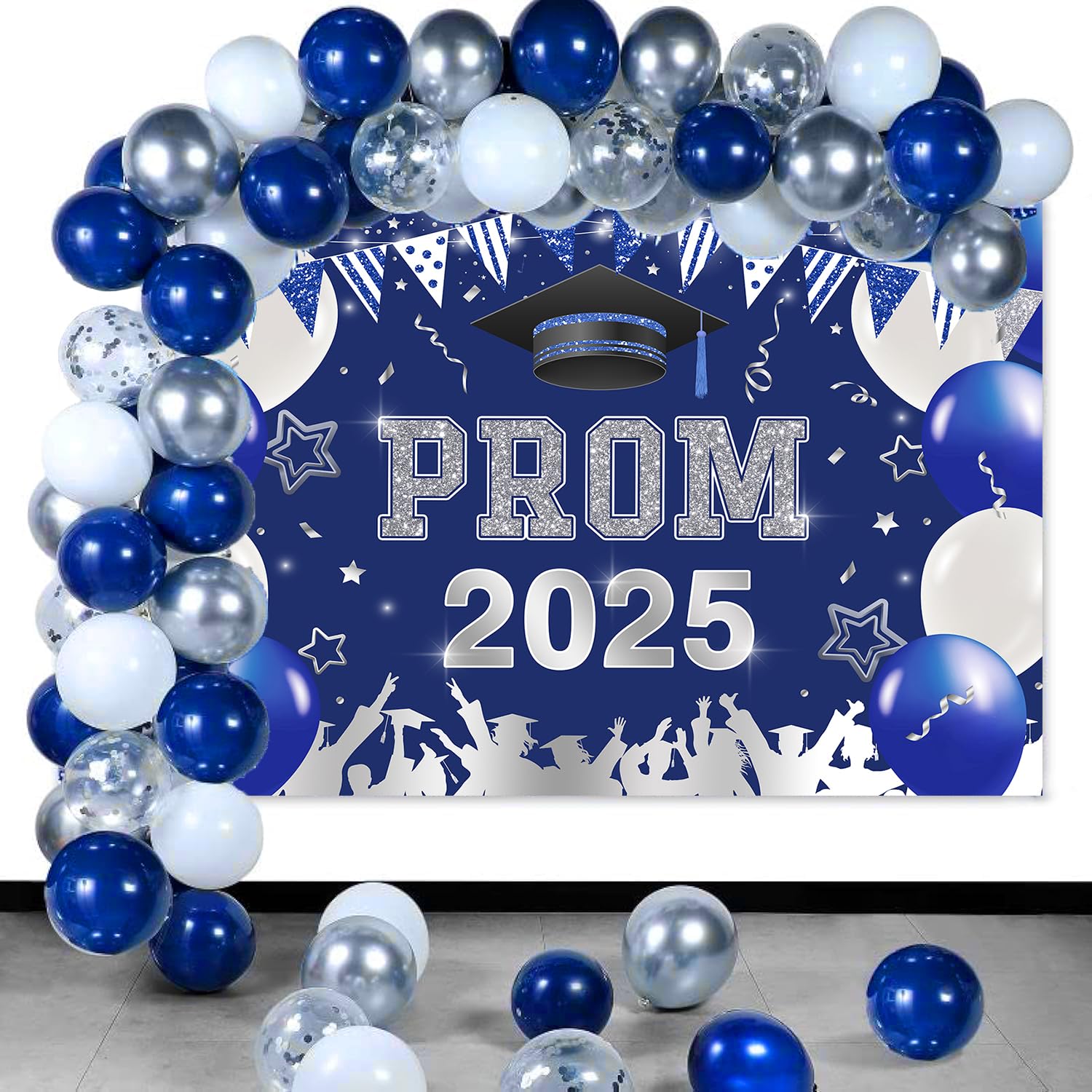 Navy Blue Graduation Decorations Class of 2025,Blue Silver Confetti Balloons Kit 54 Pieces Prom 2025 Backdrop 5x3FT for College Nurse High School Graduation Party