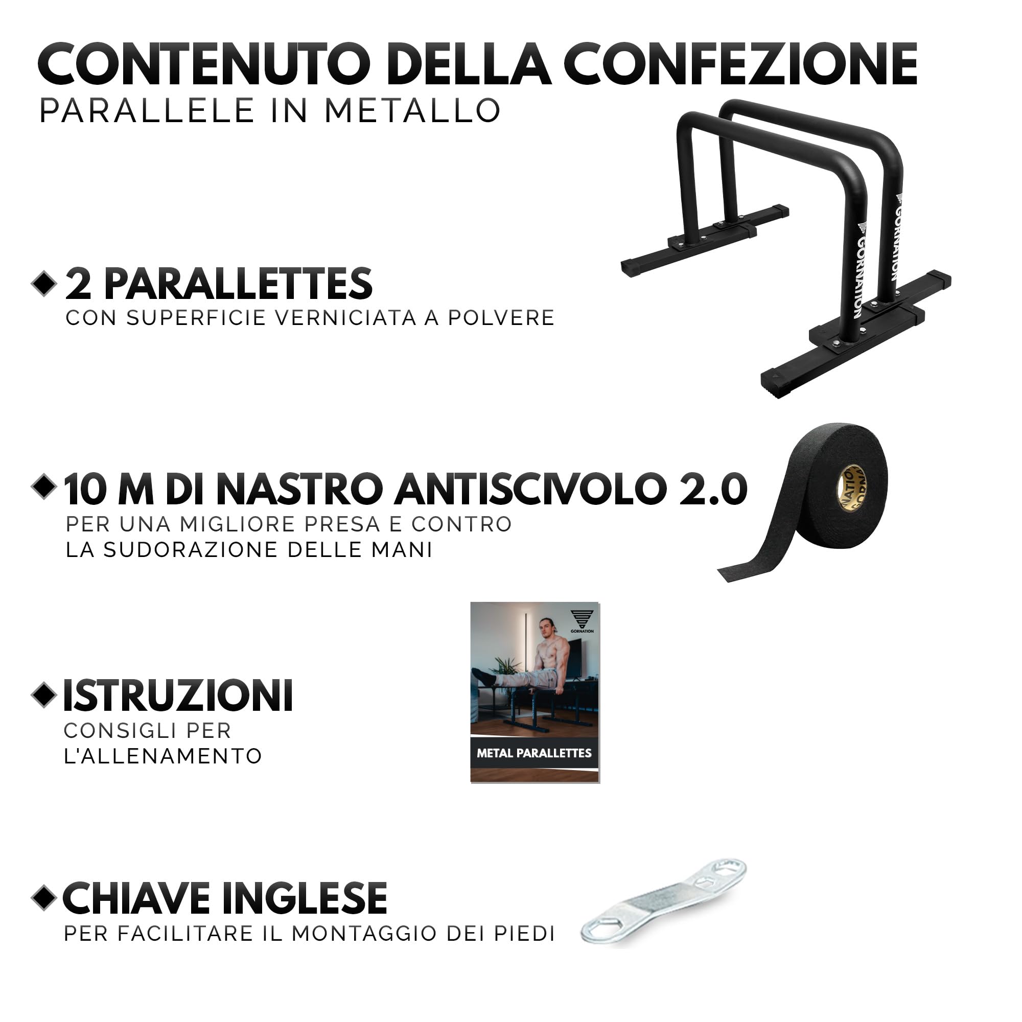GORNATION Parallettes Alte in Metallo, Barre Parallele per Calisthenics con Impugnature Antiscivolo per Push Ups, Dips, L-Sits, Palestra e Allenamento Outdoor, Push Up Bars incl. Nastro per Grip