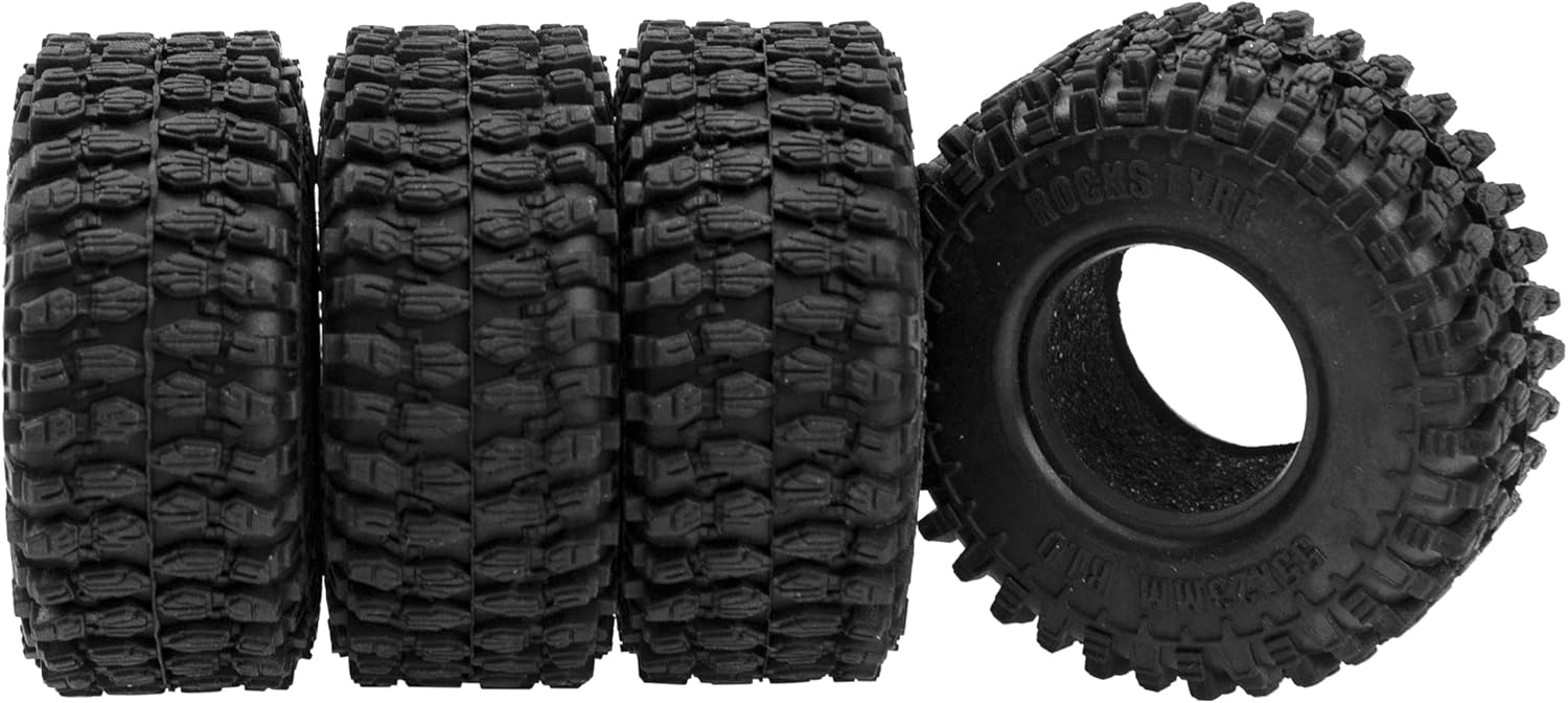 4PCS HIRCQOO 1.0" SCX24 Rubber Crawler Mud Terrain Micro Rubber Tire Compatible with Axial 1/24 Gladiator Bronco B17 C10 JLU Deadbolt RC Crawler Car SCX24 Associated (Black)