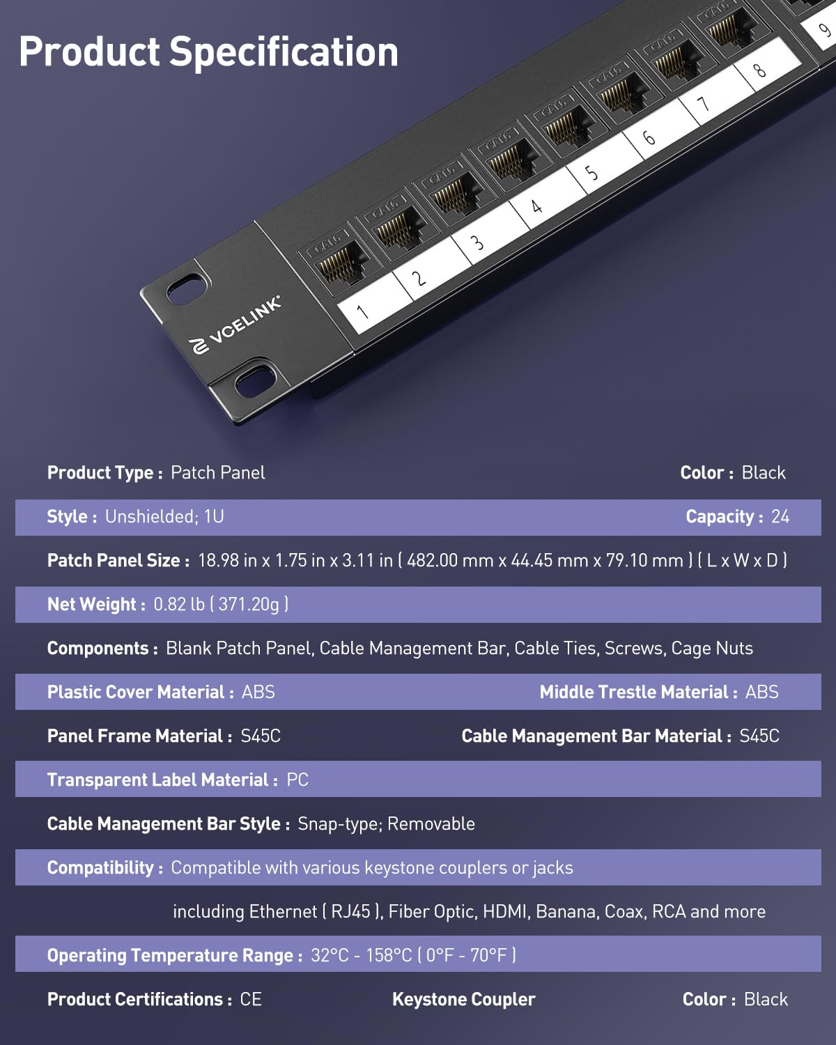 VCELINK 24 Port Keystone Patch Panel 1U 19-Inch, with 25-Pack UL-Listed UTP CAT6 Keystone Coupler and Removable Cable Management Bar, 1 Gbps (25 x Cat6 Keystone (Mix))