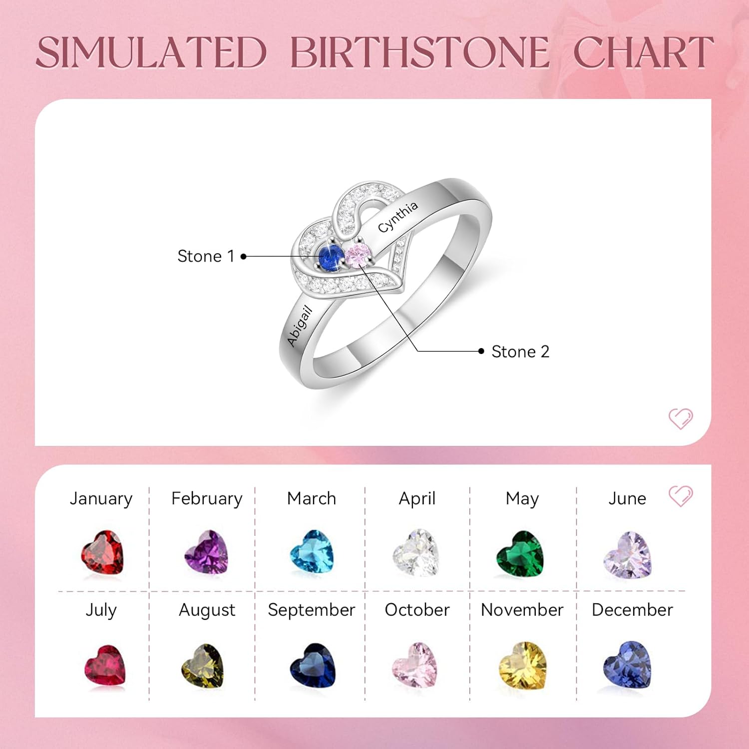 Zoesky Personalized Heart Ring with 2-5 Birthstones Custom Name Engagement Wedding Promise Birthstone Ring Mothers Day Christmas Birthday Gifts for Mom Grandma Wife
