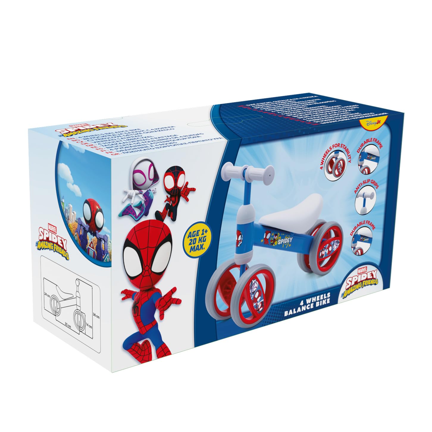 Kinder Laufrad mit 4 Rädern für Kinder ab 1 Jahr, Spiderman Paw Patrol und Stitch Design, Balance Bike für Jungen und Mädchen max. 20kg (Rot)