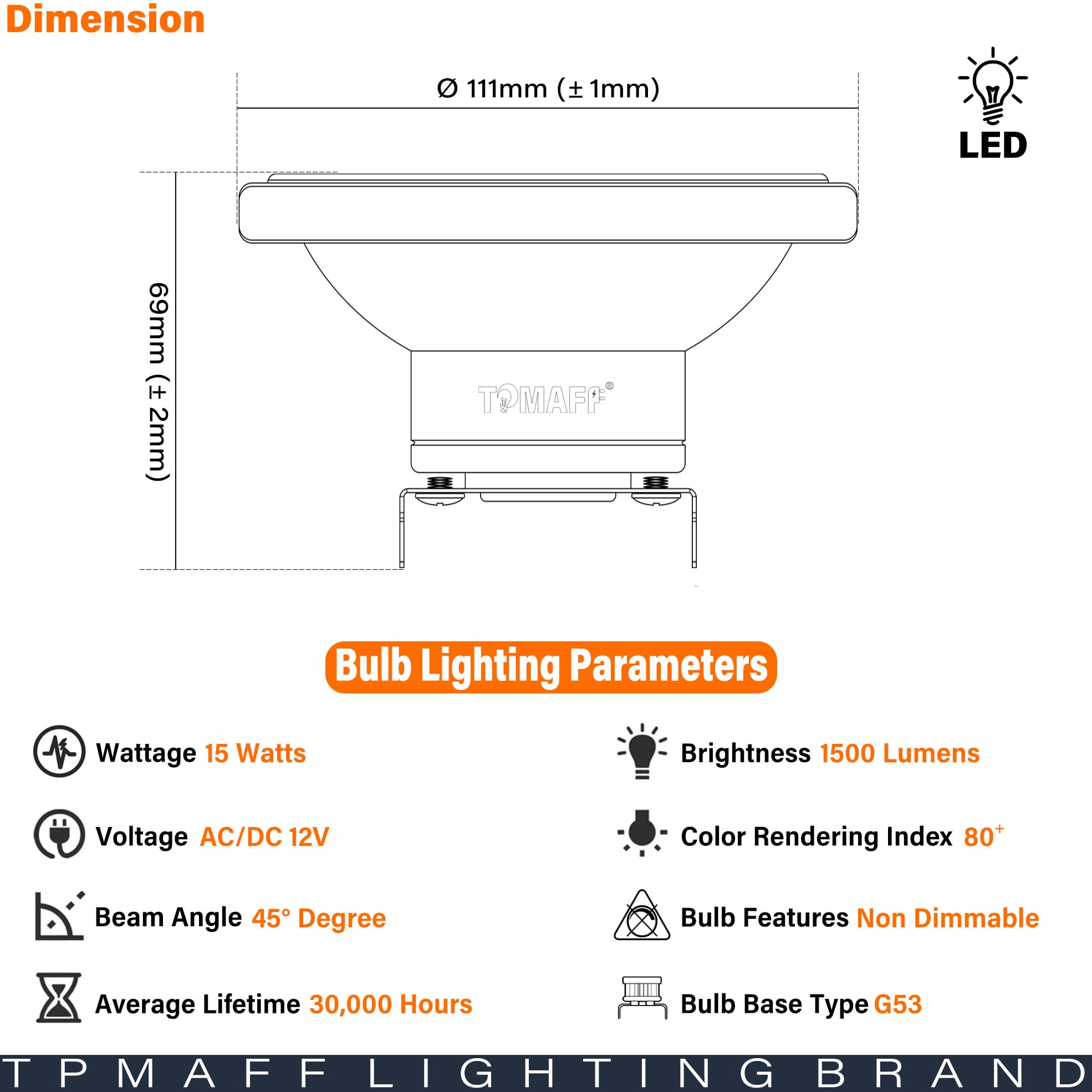 Lot de 8 ampoules LED AR111 G53 avec réflecteur 15 W 1500 lumens (équivalent 120 W) Angle de faisceau 45°, 12 V AC/DC basse tension, non variable