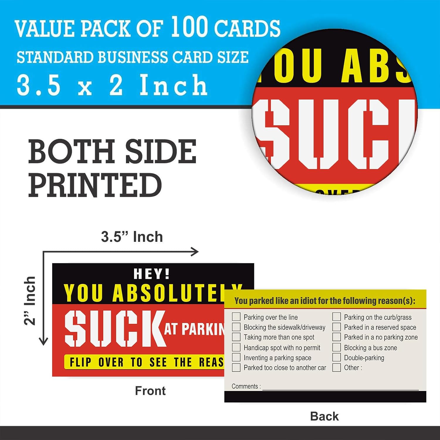 Bad Parking Cards - 100 Pcs You Suck at Parking Cards 3.5"x2" Funny Parking Violation Tickets for Bad Driver Learn to Park