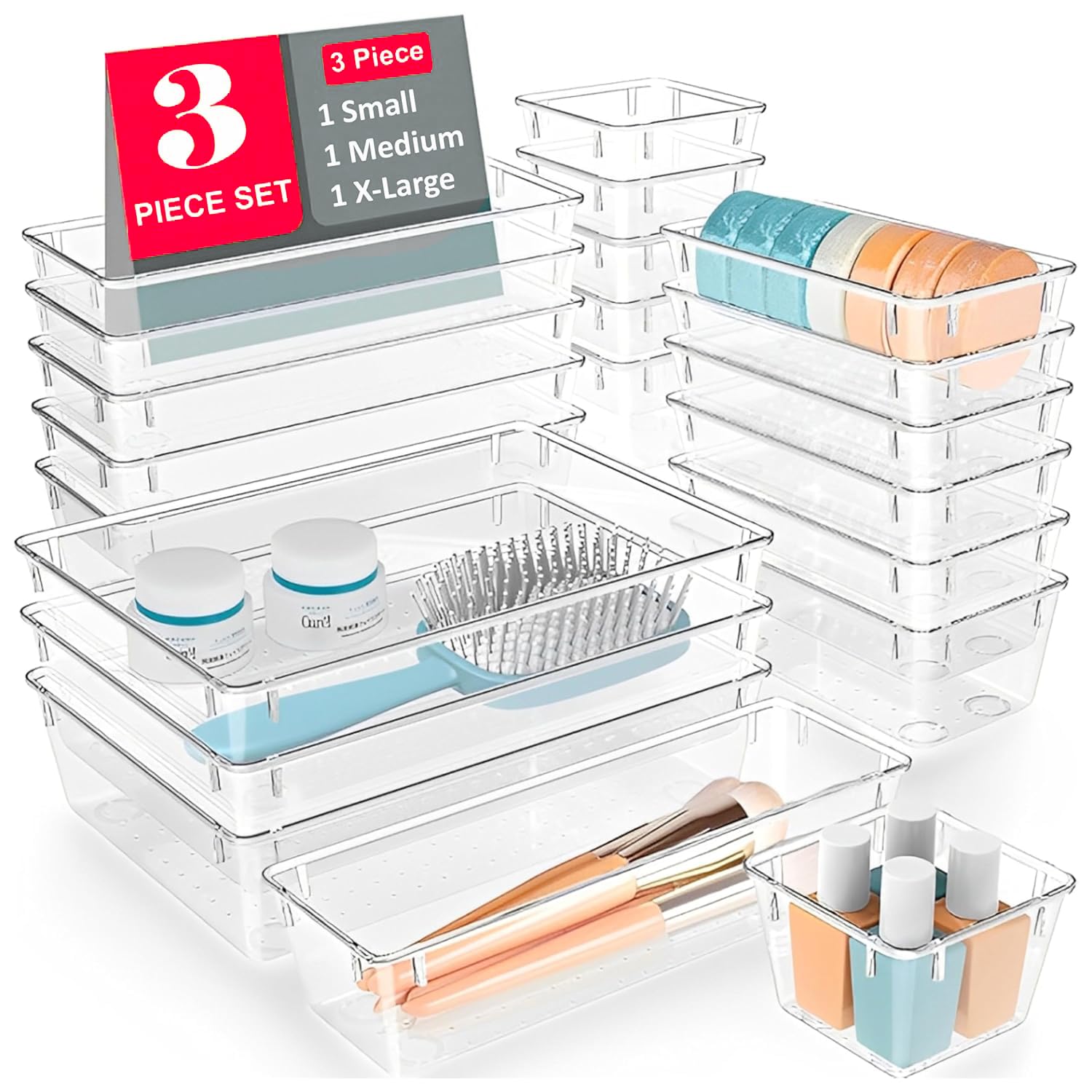 TEX-RO Drawer Organizer Tray/Multi-Purpose Drawers Organisers/Dressing Table Organiser & Make up Organiser/Perfect for Cosmetics, Jewelry, Kitchen and Bathroom (3 pcs, Transparent)