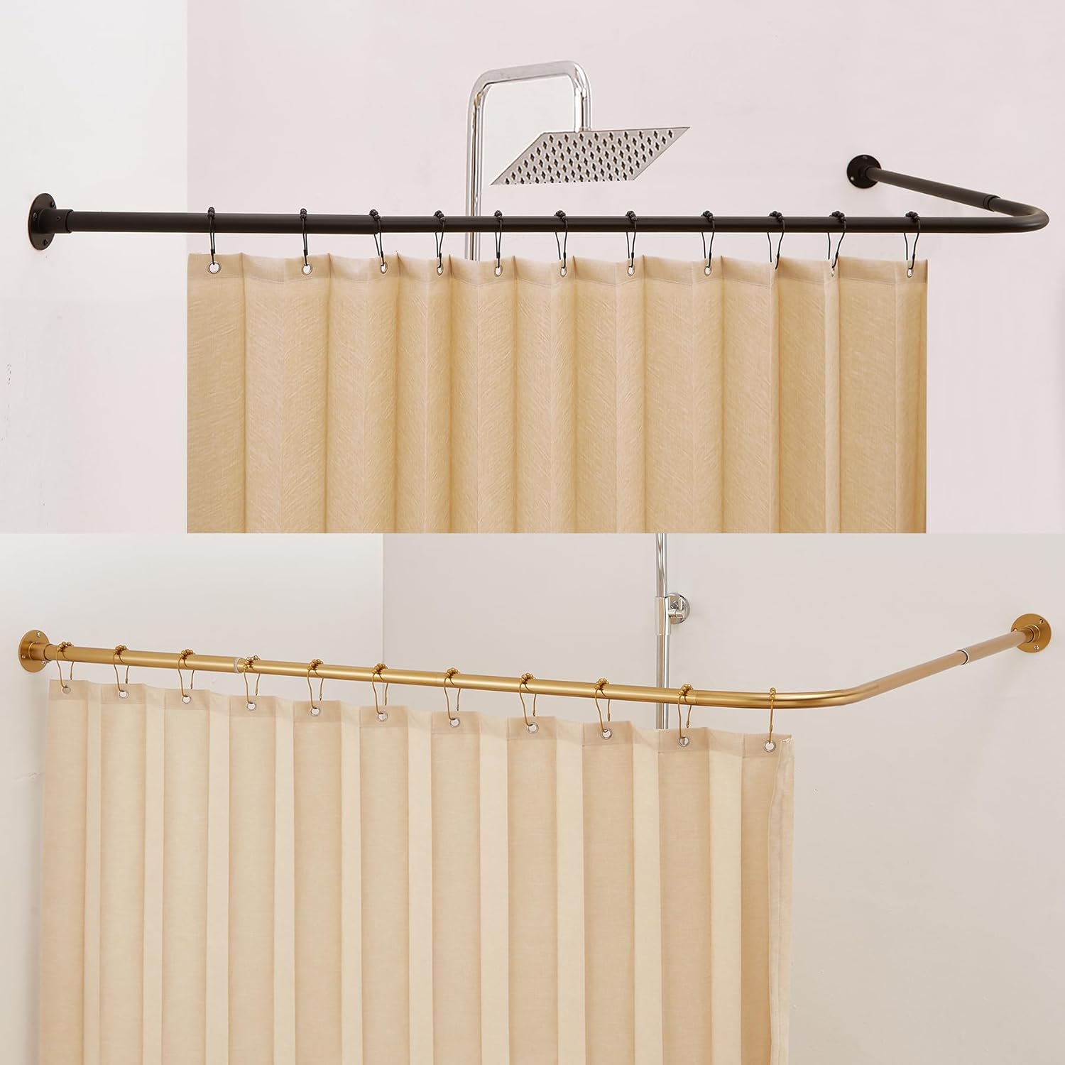 24"-53" x 24"-53" L Shaped Corner Shower Curtain Rod Matte Black + Corner 90 Curved Shower Curtain Rod Gold