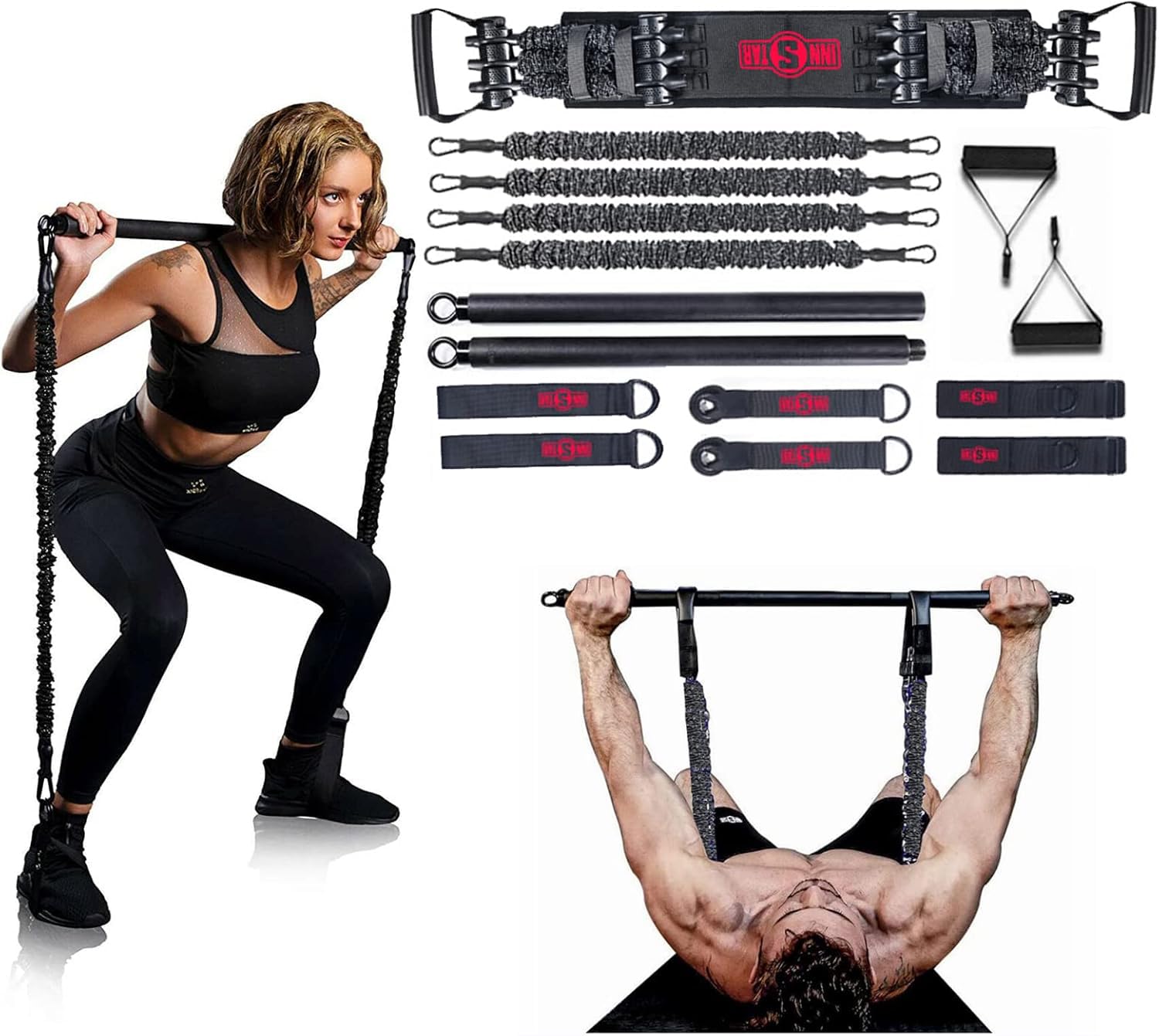 INNSTAR Portable Home Gym Set with Workout Bar, Bench Press Set, Squat Resistance Band, Door Anchor and More-Full Body Workout Equipment to Build Muscle and Shape Body