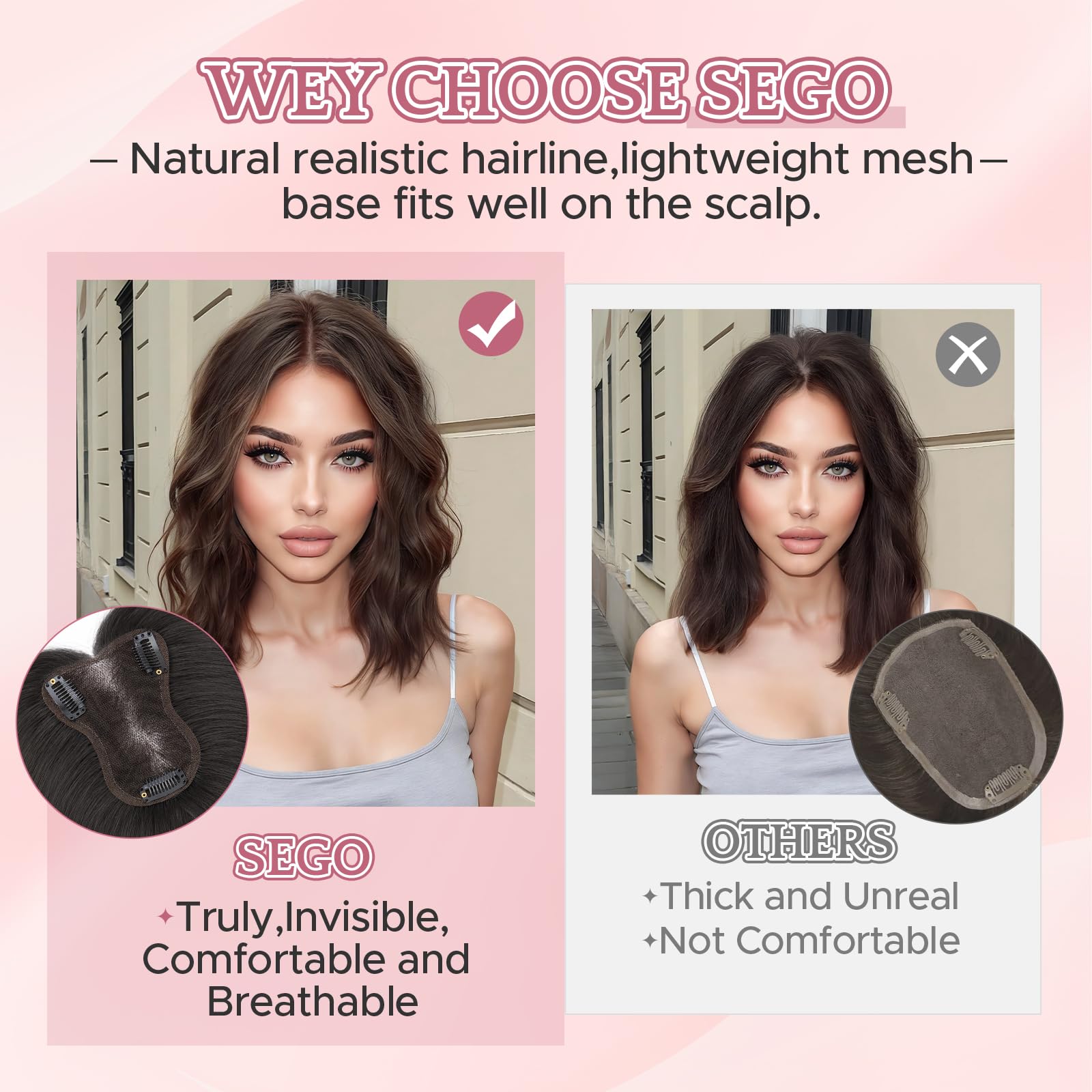 SEGOHAIR Echthaar Hair Topper für Frauen mit Seitenpony - 21g Handgebunden Basis Haar Topper Atmungsaktives Tüllnetz Spitze Basis 100% Echtes Haar Clip in Topper Mokkabraun