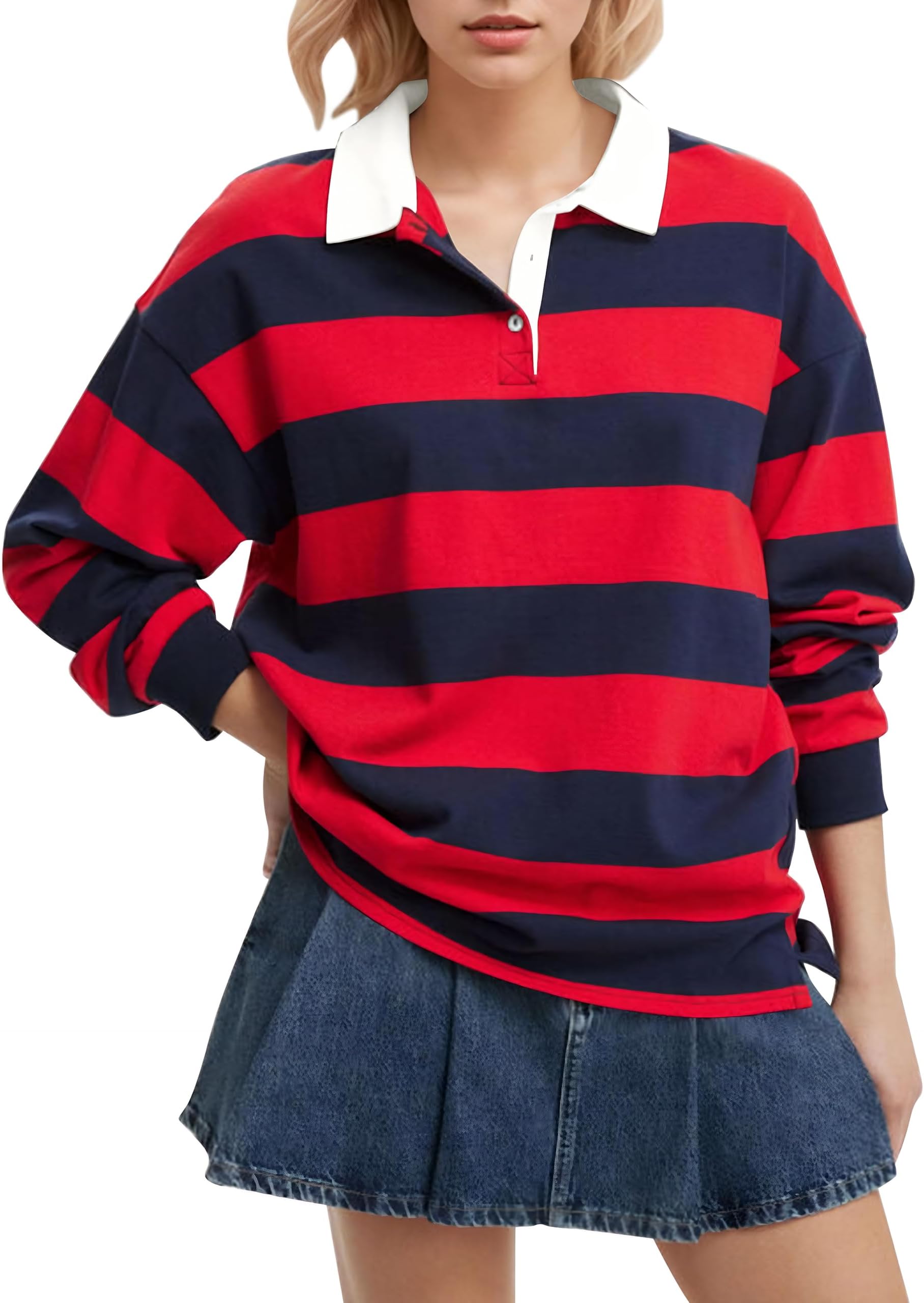 Meladyan Rugby Shirt Women Polo Striped Sweatshirt Oversized Long Sleeve Lapel V Neck Pullover Top Y2K Streetwear Blouses