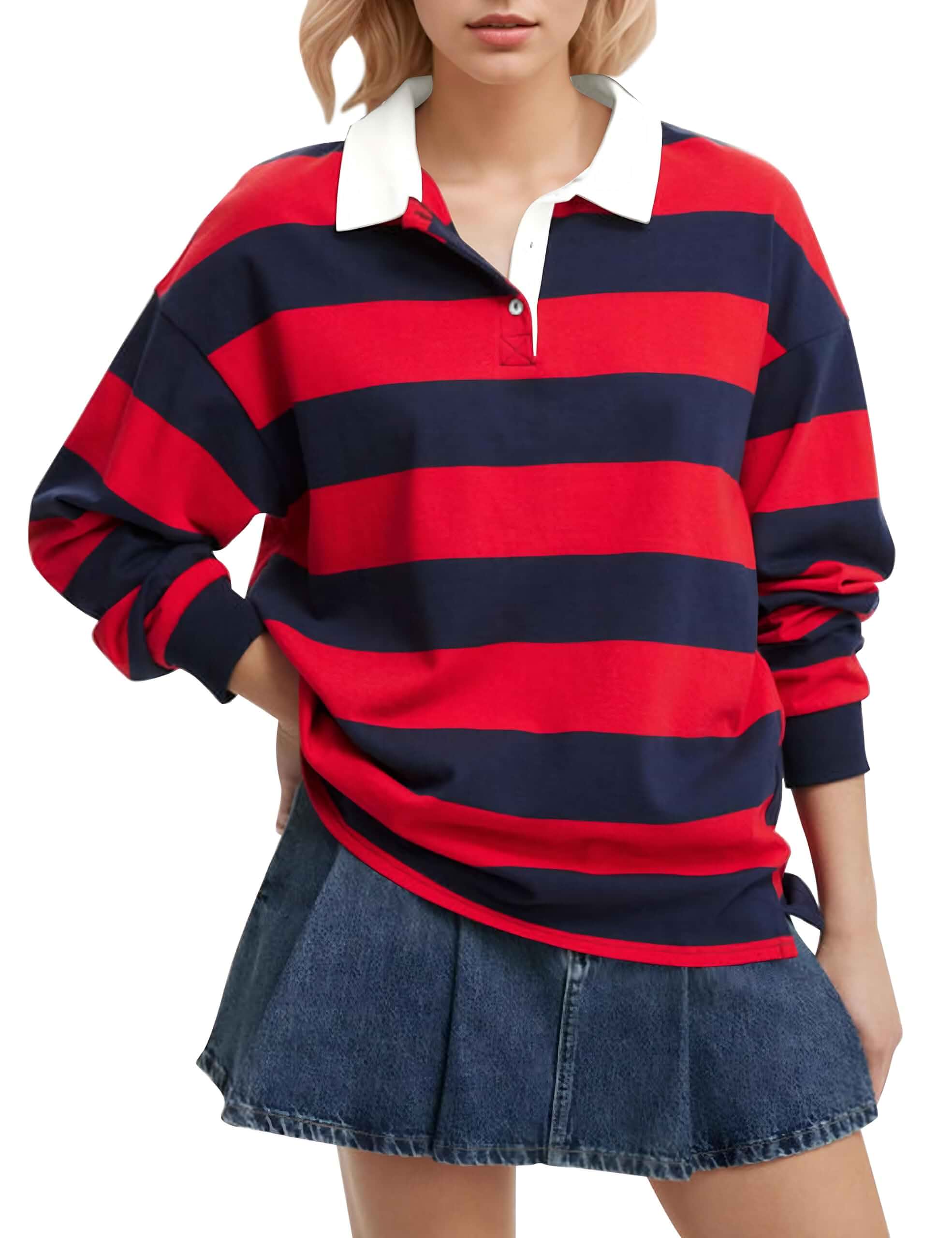 Meladyan Rugby Shirt Women Polo Striped Sweatshirt Oversized Long Sleeve Lapel V Neck Pullover Top Y2K Streetwear Blouses Striped