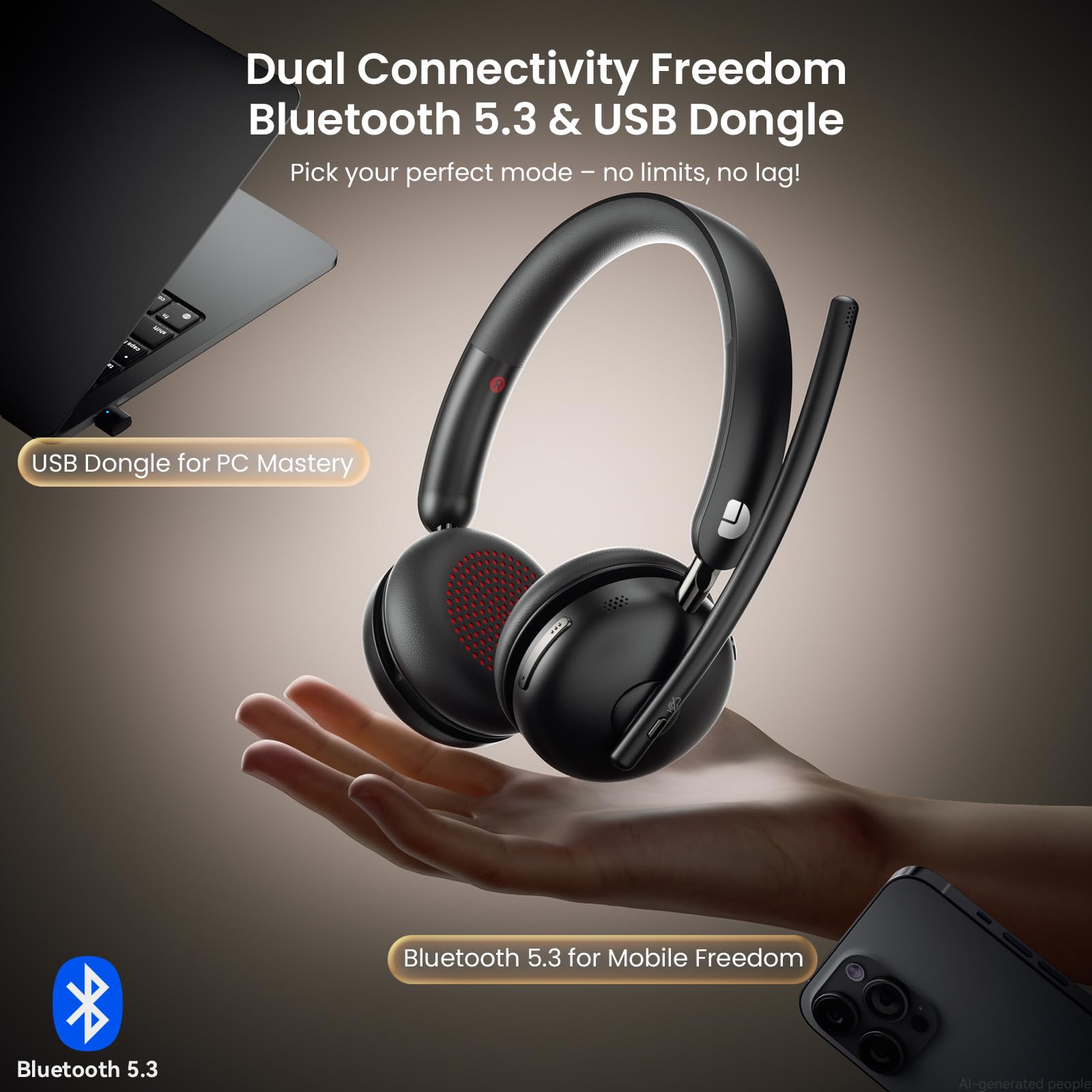 Dytole Kabelloses Headset mit Mikrofon für die Arbeit, Bluetooth 5.3 Headset mit Geräuschunterdrückung, kabellose Kopfhörer mit Mikrofon & USB-Dongle, 65H & Stummschaltung, ideal für PC/Call Center