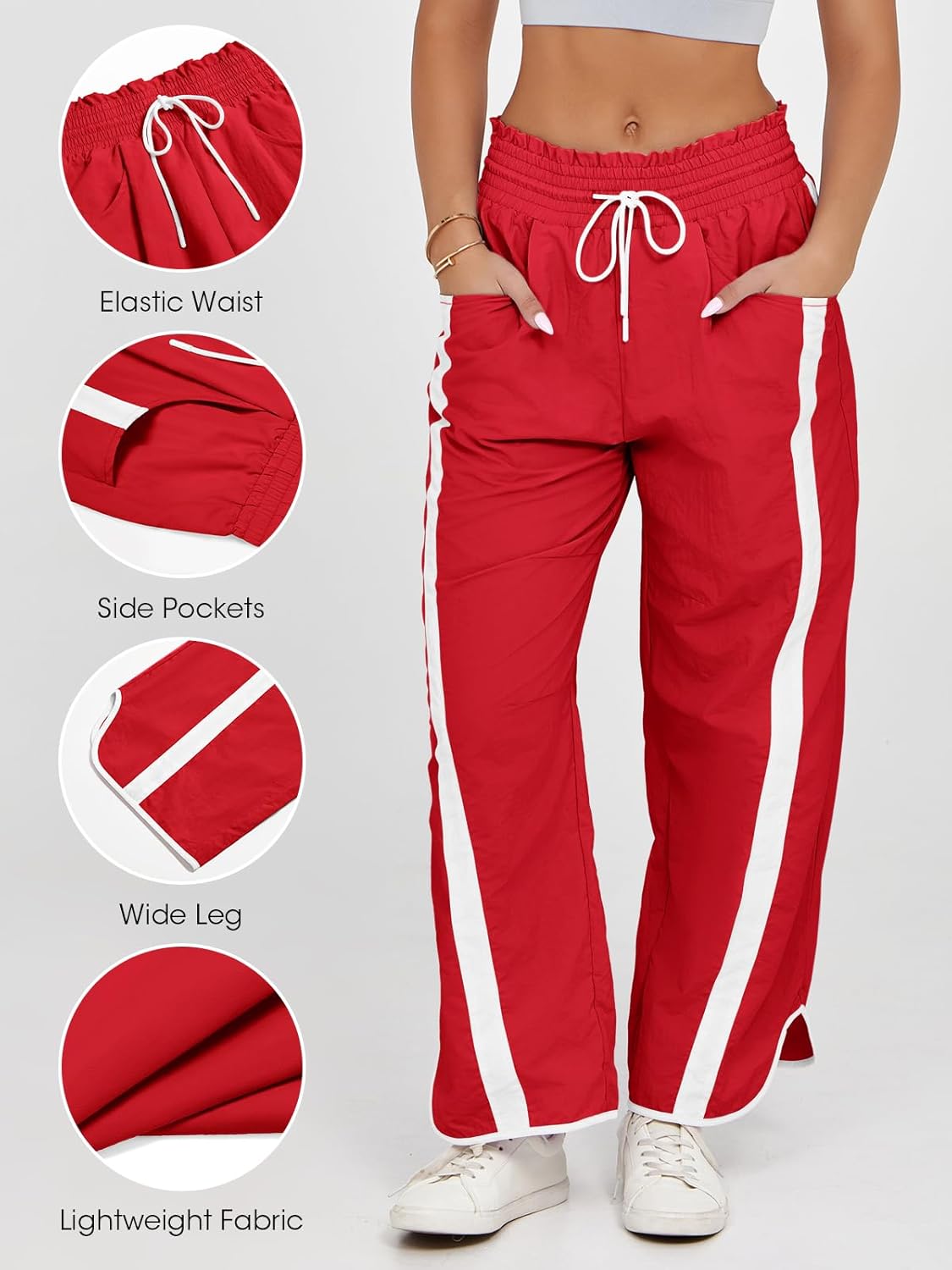 Fisoew Women's Baggy Wide Leg Pants Casual Drawstring Elastic Waisted Contrast Color Workout Y2K Track Pants - Image 5