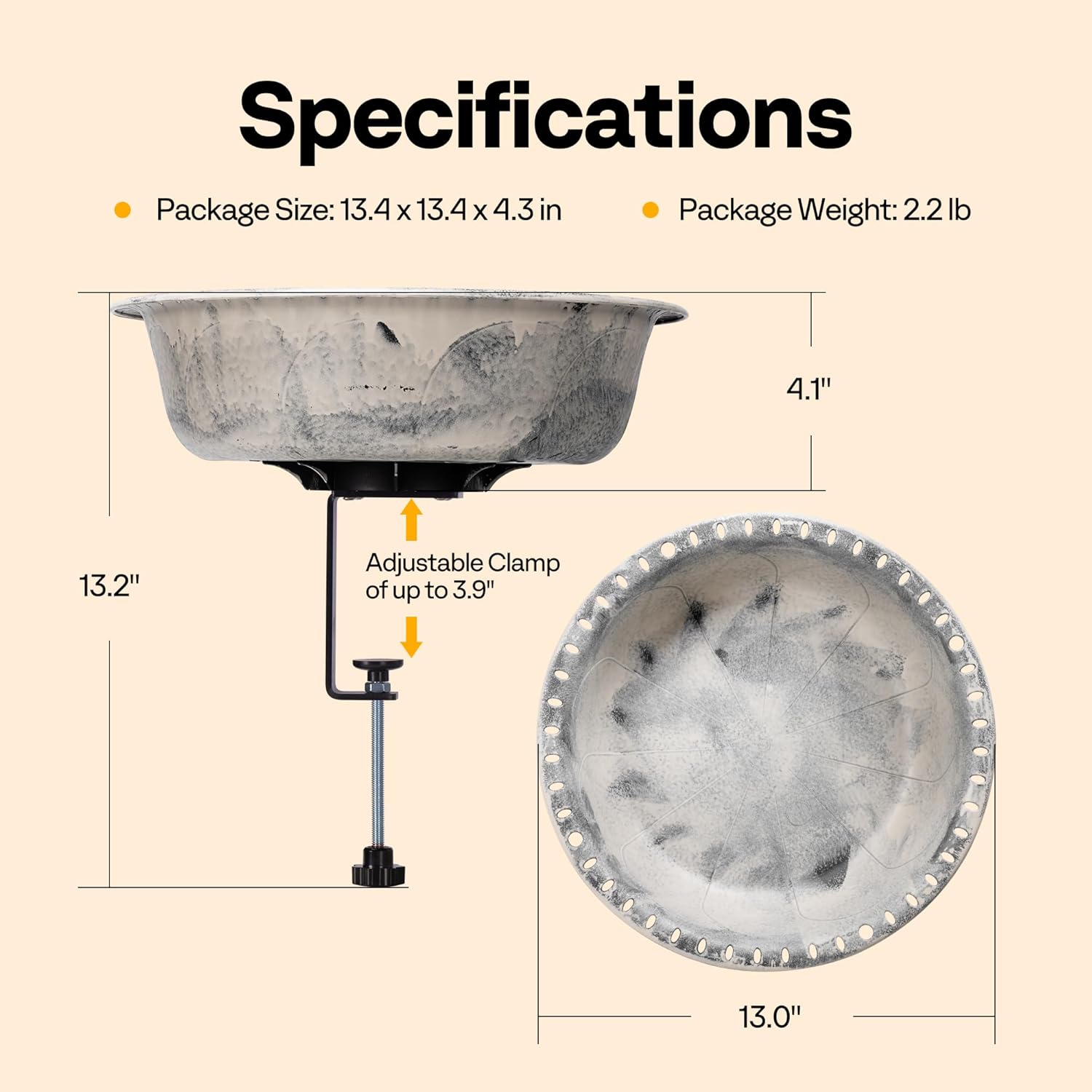 VIVOHOME Deck Mounted Polyresin Bird Bath with Adjustable Sturdy Metal Clamp for Railings up to 3.9 Inch, Capacity 1.4 Gallons for Patio, Gardens, Yard, Deck, Gray