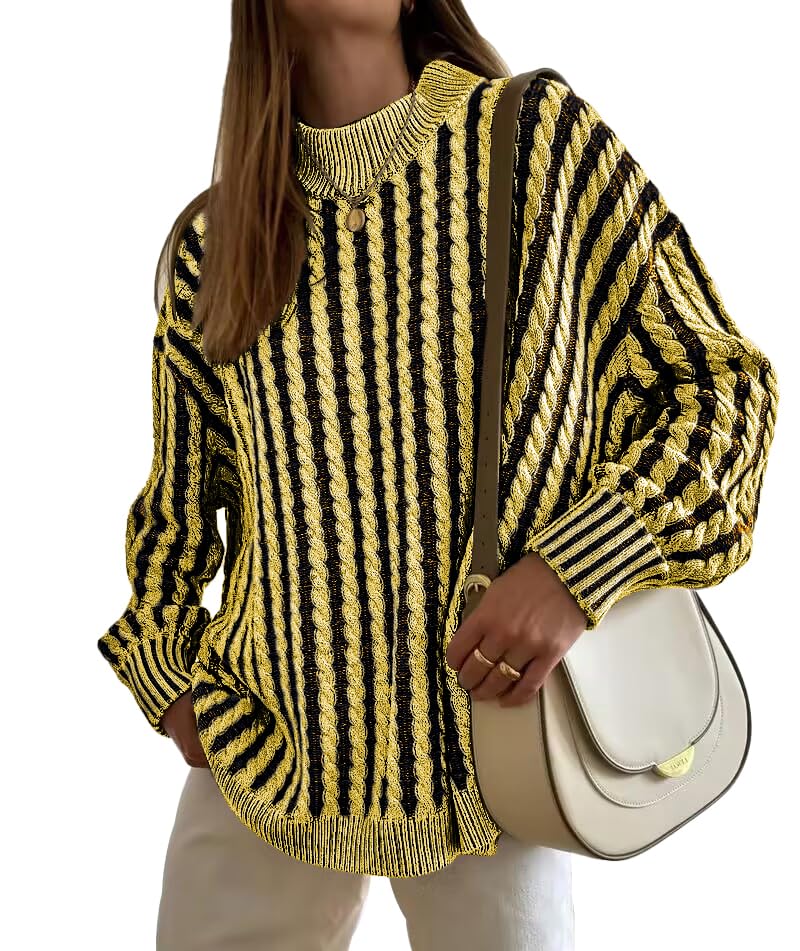 Famulily Womens Casual Long Sleeve Turtleneck Pullover Sweater Cable Knit Striped Color Block Sweater Tops