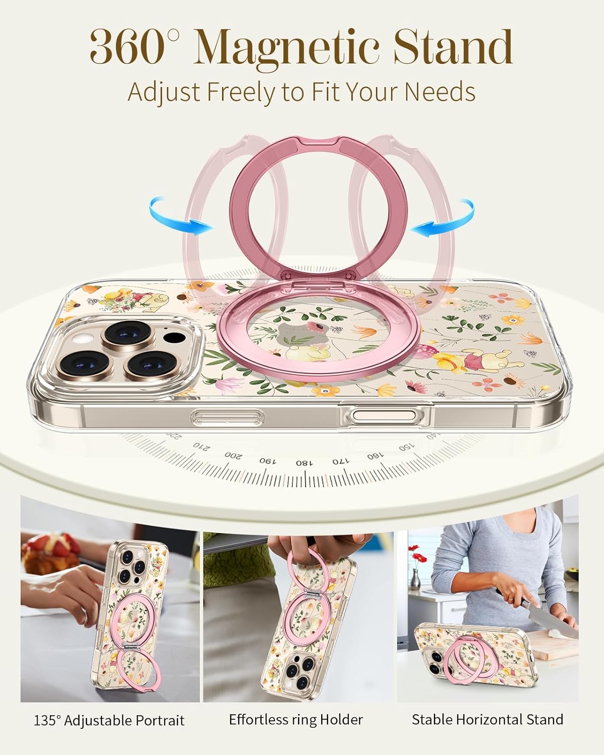 Loheckle for iPhone 16 Pro Case with Stand- Compatible with MagSafe Women Girls Cute Clear Girly Aesthetic Unique Design Soft TPU Magnetic Ring Phone Cover for Apple 16 Pro, Flower Bear - Image 4