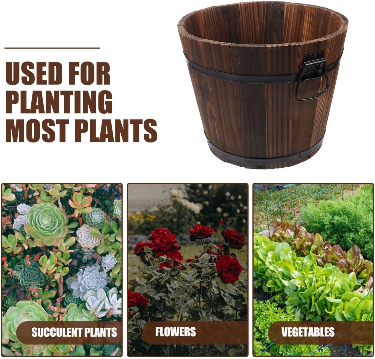 Vaguelly Rustic Wooden Barrels Planters Whiskey Barrels Bucket with Handle, Flower Planter Plant Pots Container Water Wishing Well Pail Garden Backyard Outdoor Indoor Decor