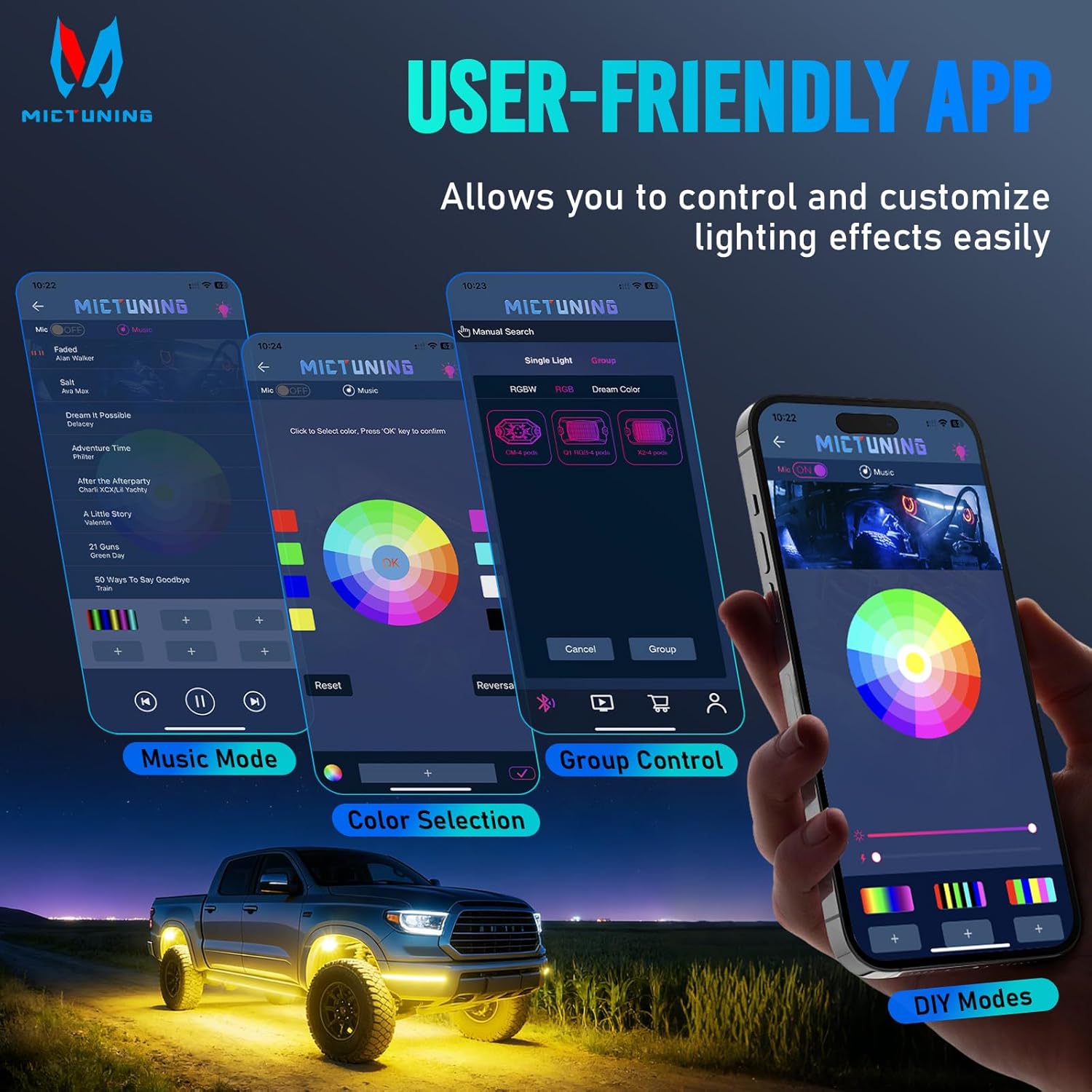 MICTUNING MagicLink App interface on a smartphone controlling rock lights.
