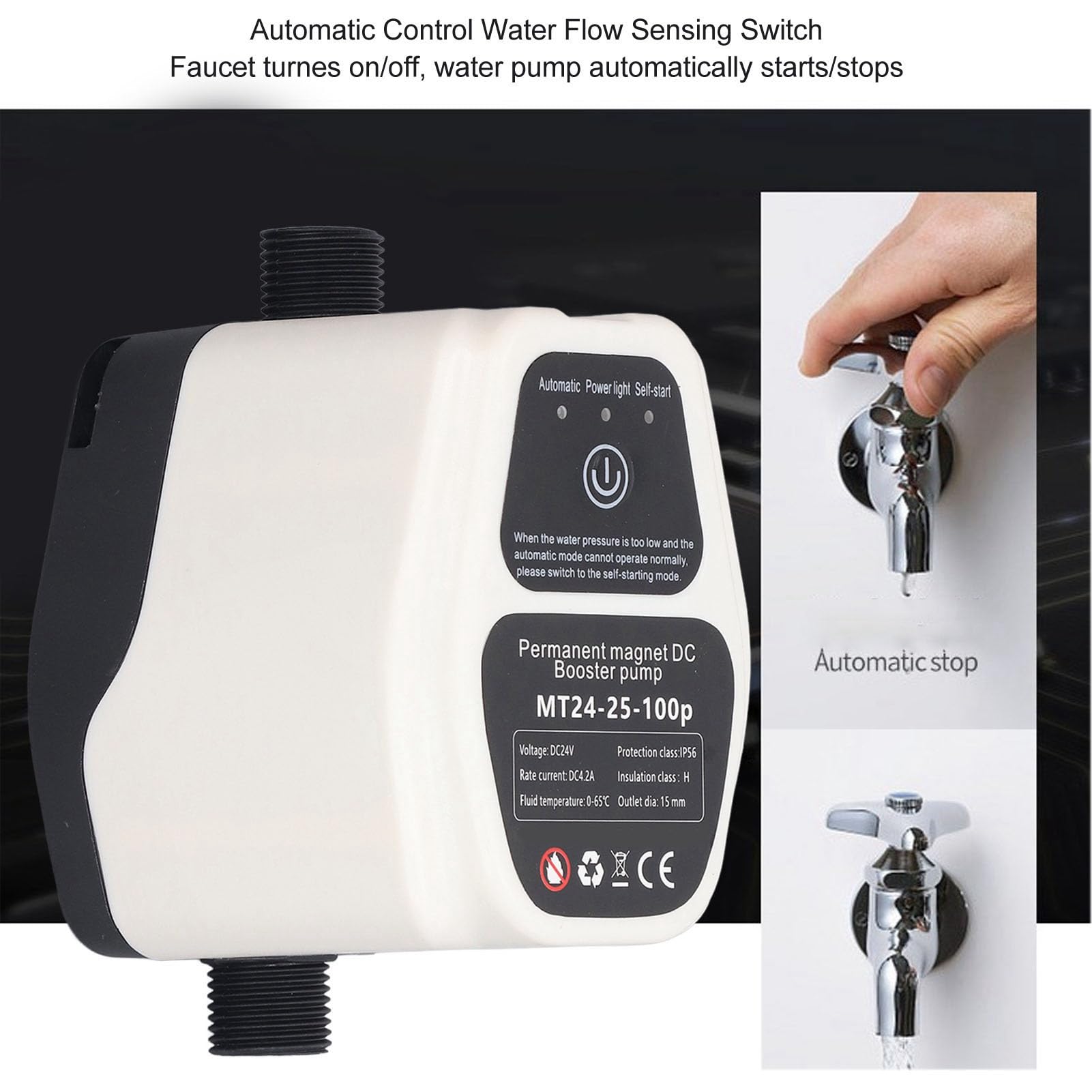 Bomba de Presión de Refuerzo de Agua, Bomba de Refuerzo Automática de 100 W 24 V, Motor sin Escobillas Integrado e Impulsor Centrífugo, para Boquillas de Jardín, Duchas (blanco)