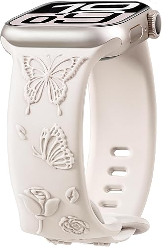 Melyis Correa de silicona suave grabada con diseño floral y mariposa compatible con Apple Watch para mujer de 1.732 in 1.772 in 1.654 in 1.929 in,