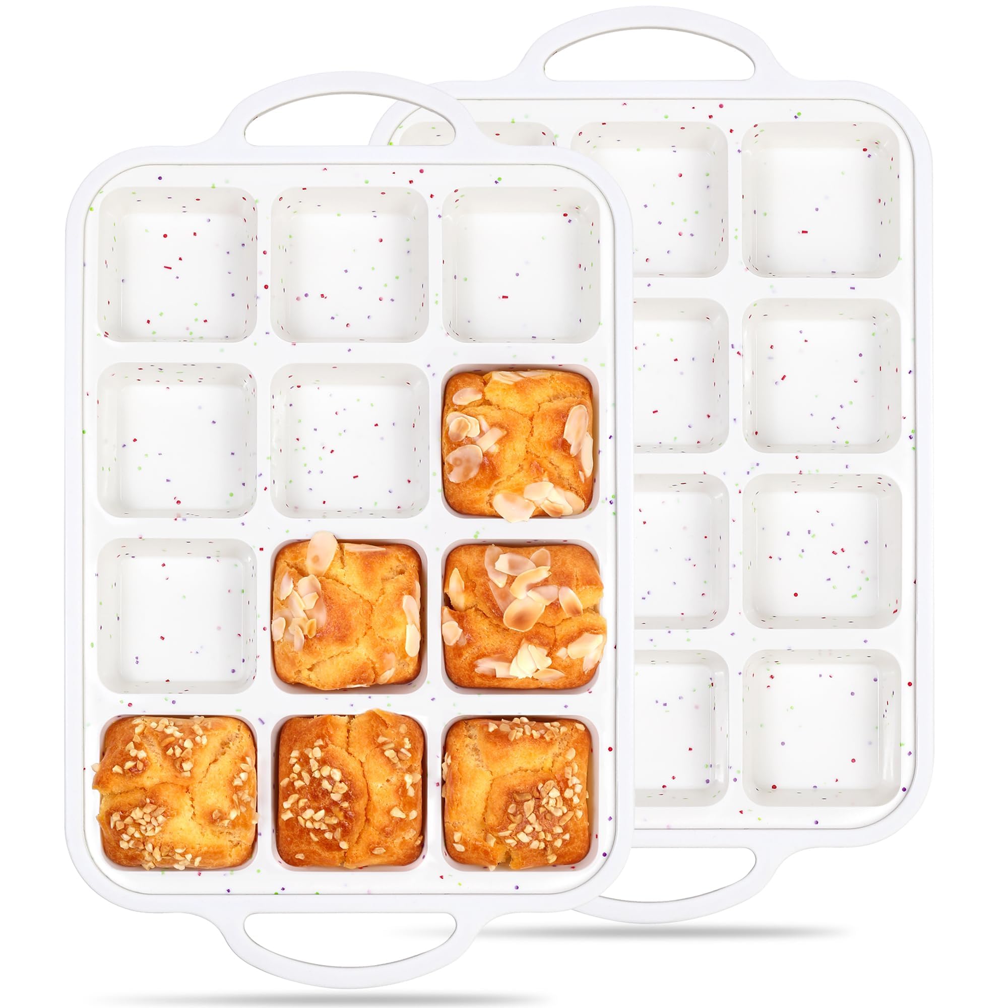 Lot de 2 mini moules à brownie carrés en silicone avec séparateurs pour la cuisson individuelle antiadhésive, 12 muffins, cupcakes avec cadre renforcé en métal (crème)