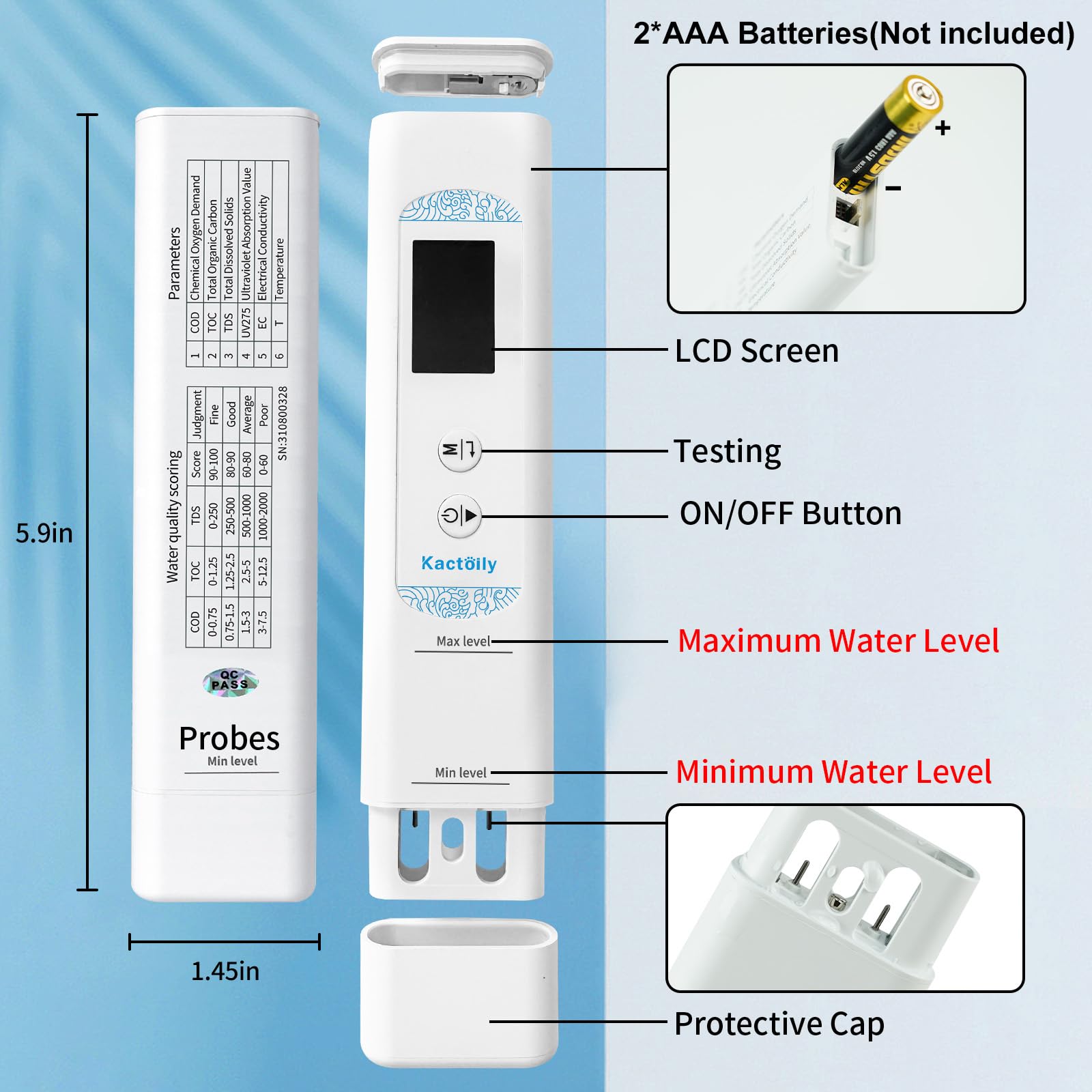 Testeur d'eau numérique 6 en 1 pour eau potable, qualité laboratoire, TOC/COD/EC/UV275/Temp/TDS Testeur d'eau numérique pour la maison, le camping-car, le camping, puits, l'eau du robinet