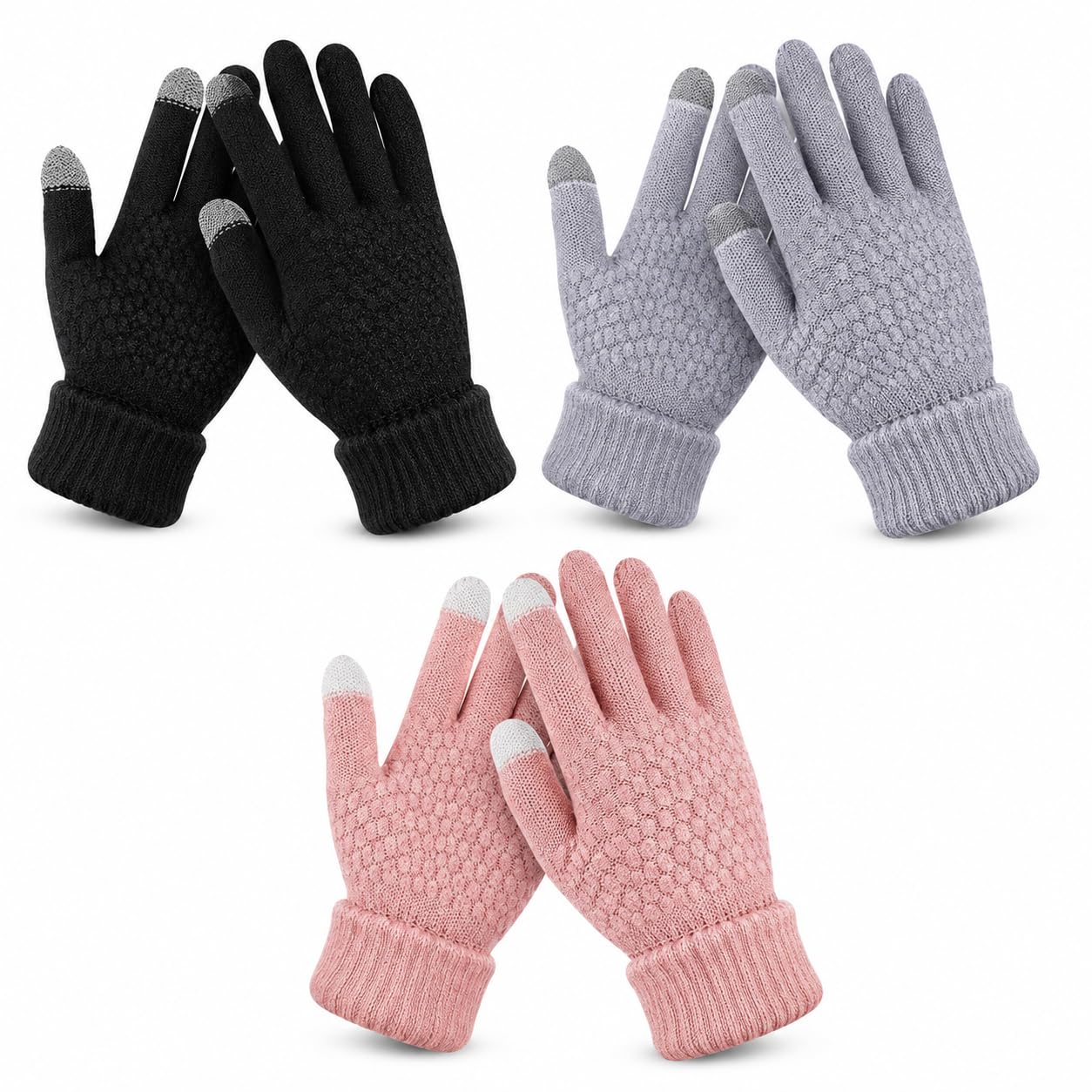ANESHA Ladies Thick Knit Winter Gloves – Warm Fleece Lined Touch Screen Elastic Band Full Finger Mittens-image-0