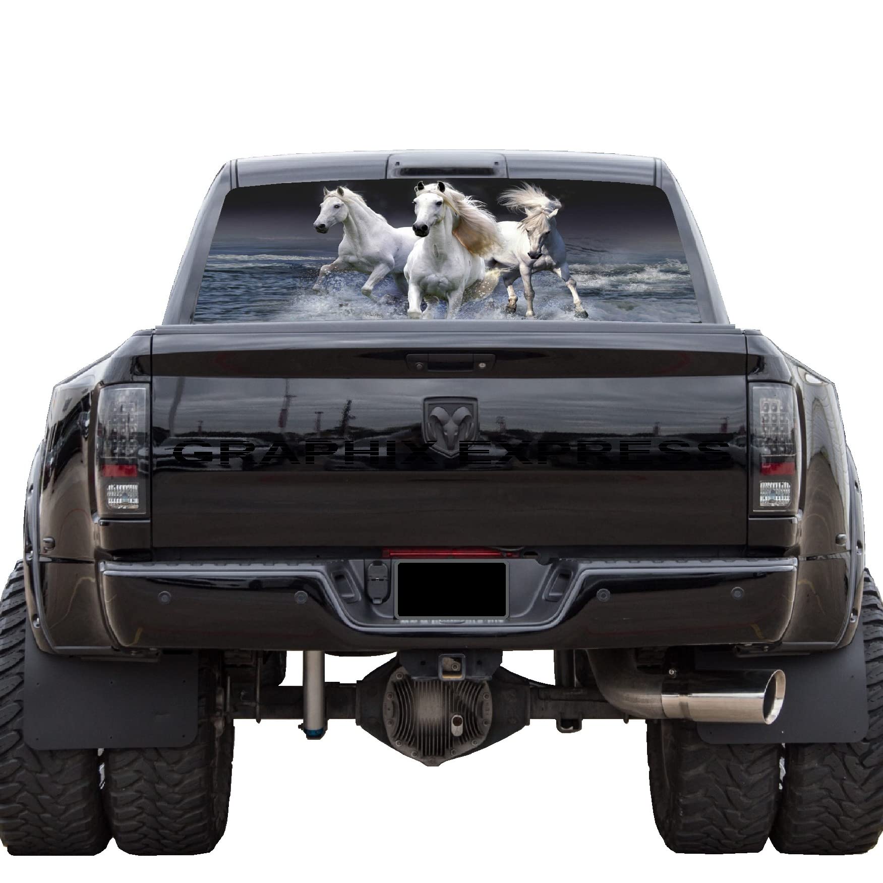 GRAPHIX EXPRESS Truck Back Window Graphics (P421 White Horse) Universal See Through Rear Window Vinyl Wrap - Full Window Decals for Trucks - Truck Window Decals