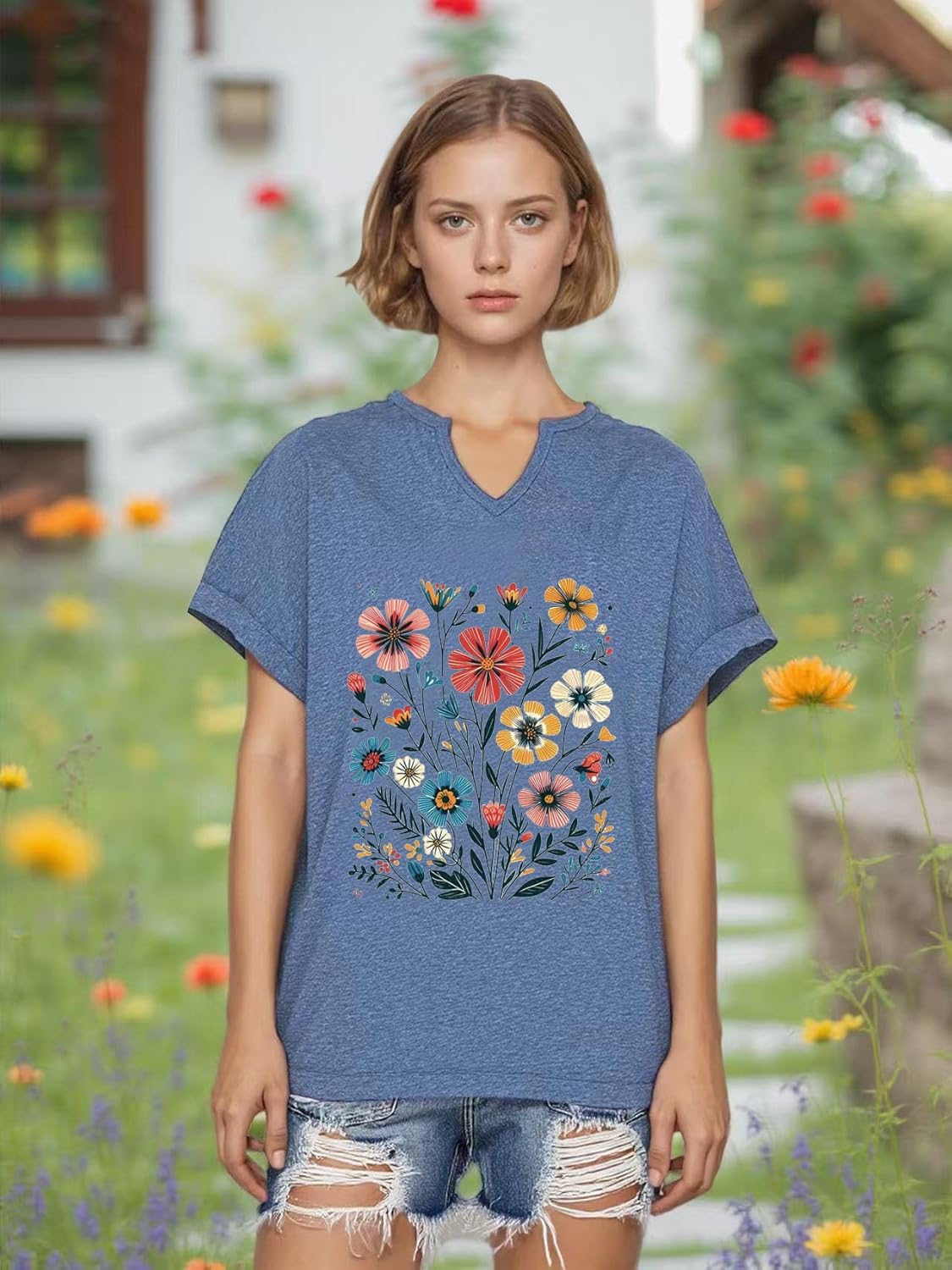 Women's T-Shirts Vintage Flowers V Neck Boho Floral Wildflowers Graphic Tee Casual Cottagecore Short Sleeve T Shirt - Image 2